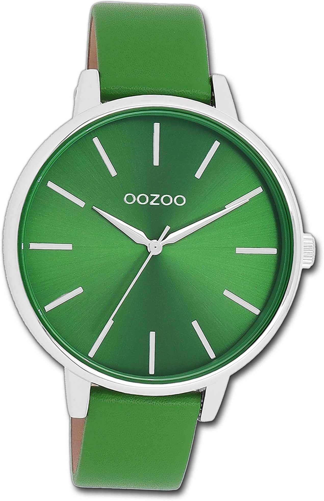OOZOO Quarzuhr Oozoo Damen Armbanduhr Timepieces, Damenuhr Lederarmband grün, rundes Gehäuse, groß (ca. 42mm)