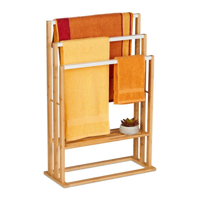 relaxdays Handtuchhalter Bambus Handtuchständer mit Ablage