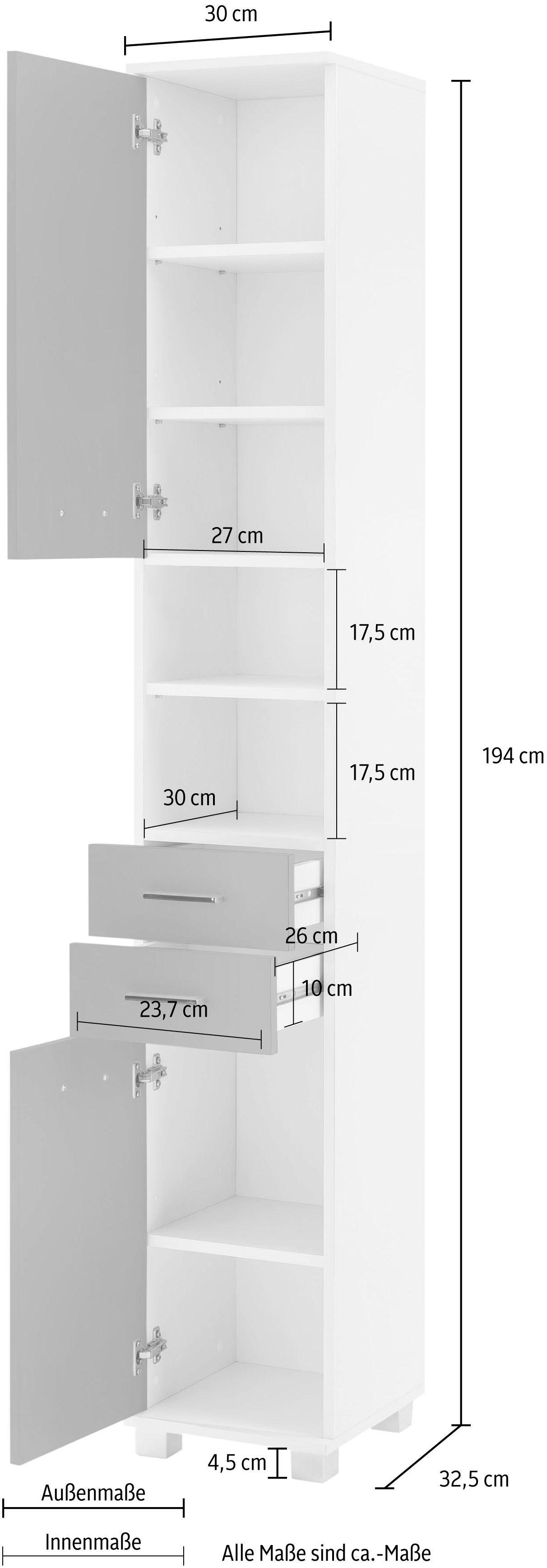 Hochschrank offenen weiß/taubenblau mit 2 Schildmeyer 30 cm, Schubladen Türen, 2 & Lumo Fächern 2 Breite