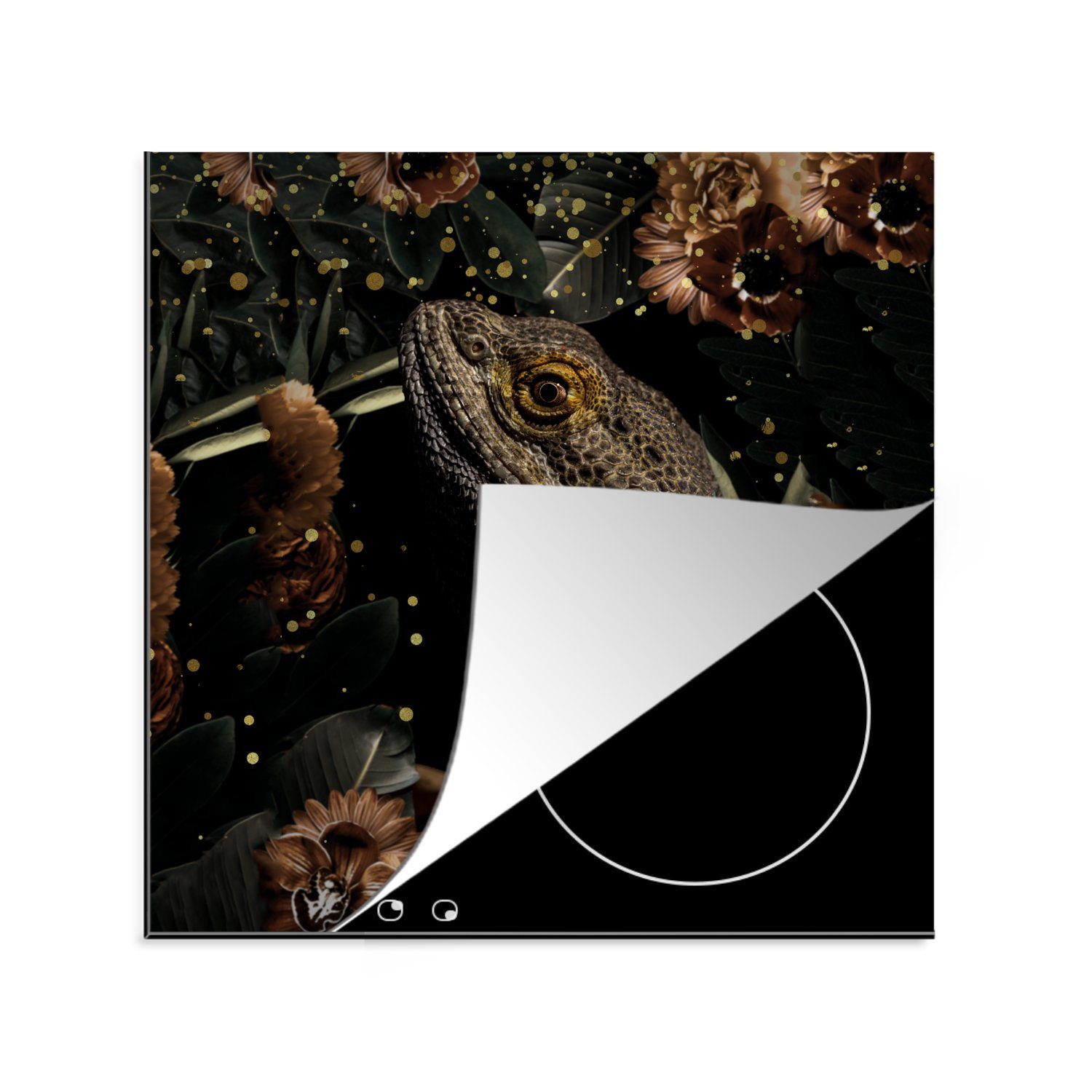 MuchoWow Herdblende-/Abdeckplatte Reptilien - Blumen - Licht - Botanisch, Vinyl, (1 tlg), 78x78 cm, Ceranfeldabdeckung, Arbeitsplatte für küche
