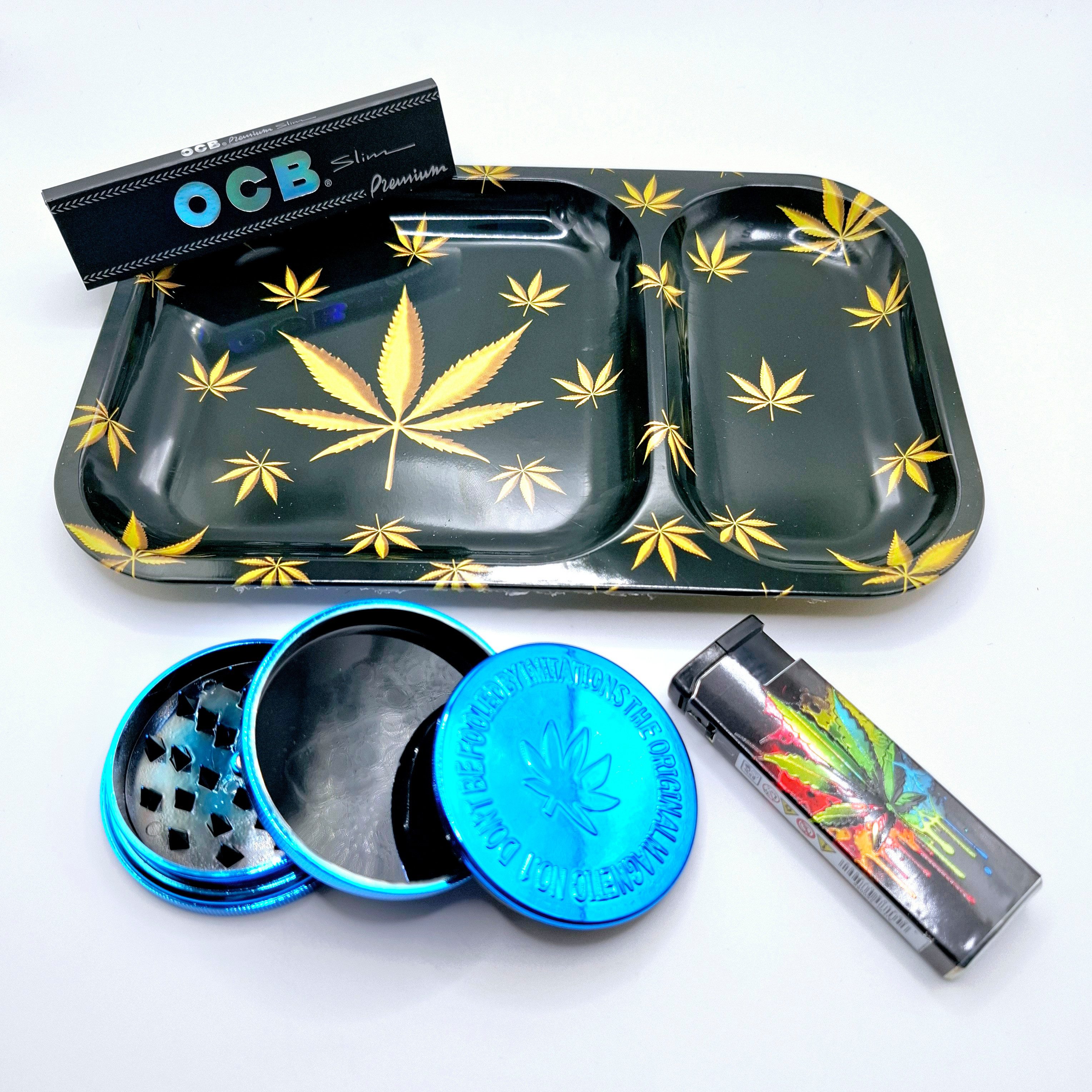 meytrade Tablett Rolling Tray Rolltablett + Grinder + OCB Blättchen im Set + Feuerzeug, (4-tlg), 4 teiliges Set in schwarz gold