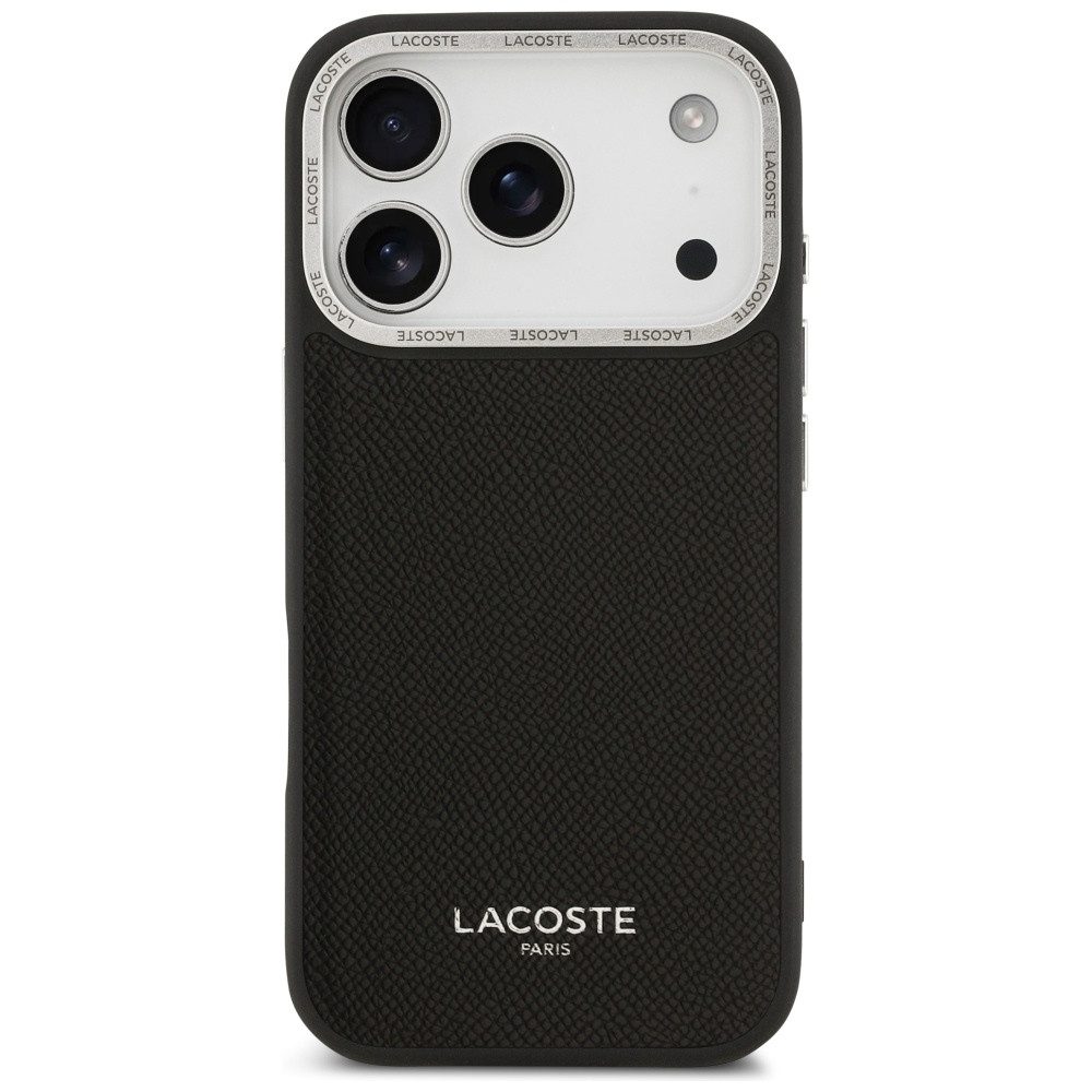 Lacoste Handyhülle iPhone 17 Pro Champs Elysees Kunstleder schwarz Logo Magsafe 6,3 Zoll, Kantenschutz