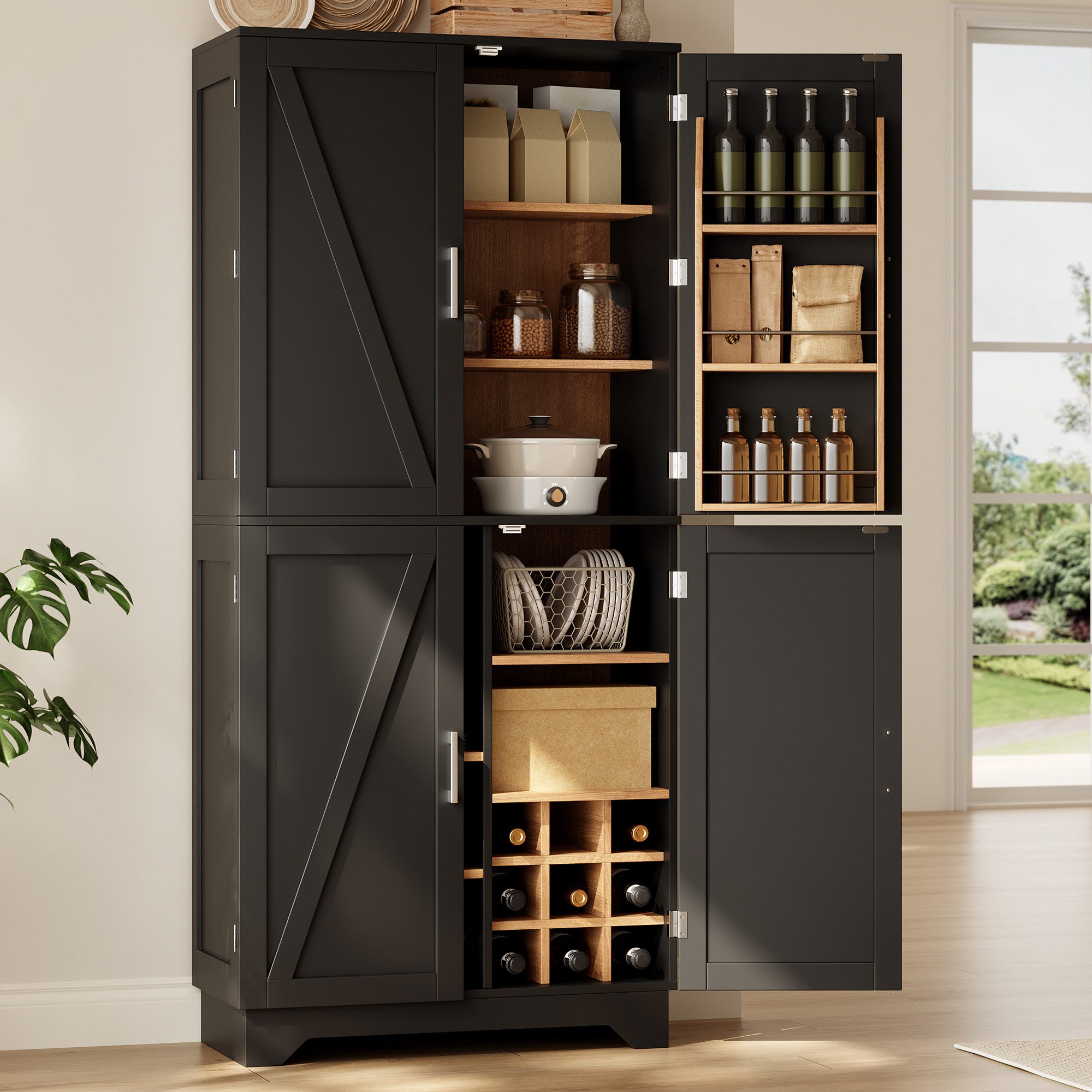 Flieks Hochschrank Stauraumschrank mit verstecktem Weinregal, Türregal, Scheunentor-Türen (1-St., 80×40×180 cm) Küchenschrank Highboard Vorratsschrank Landhausstil Schwarz