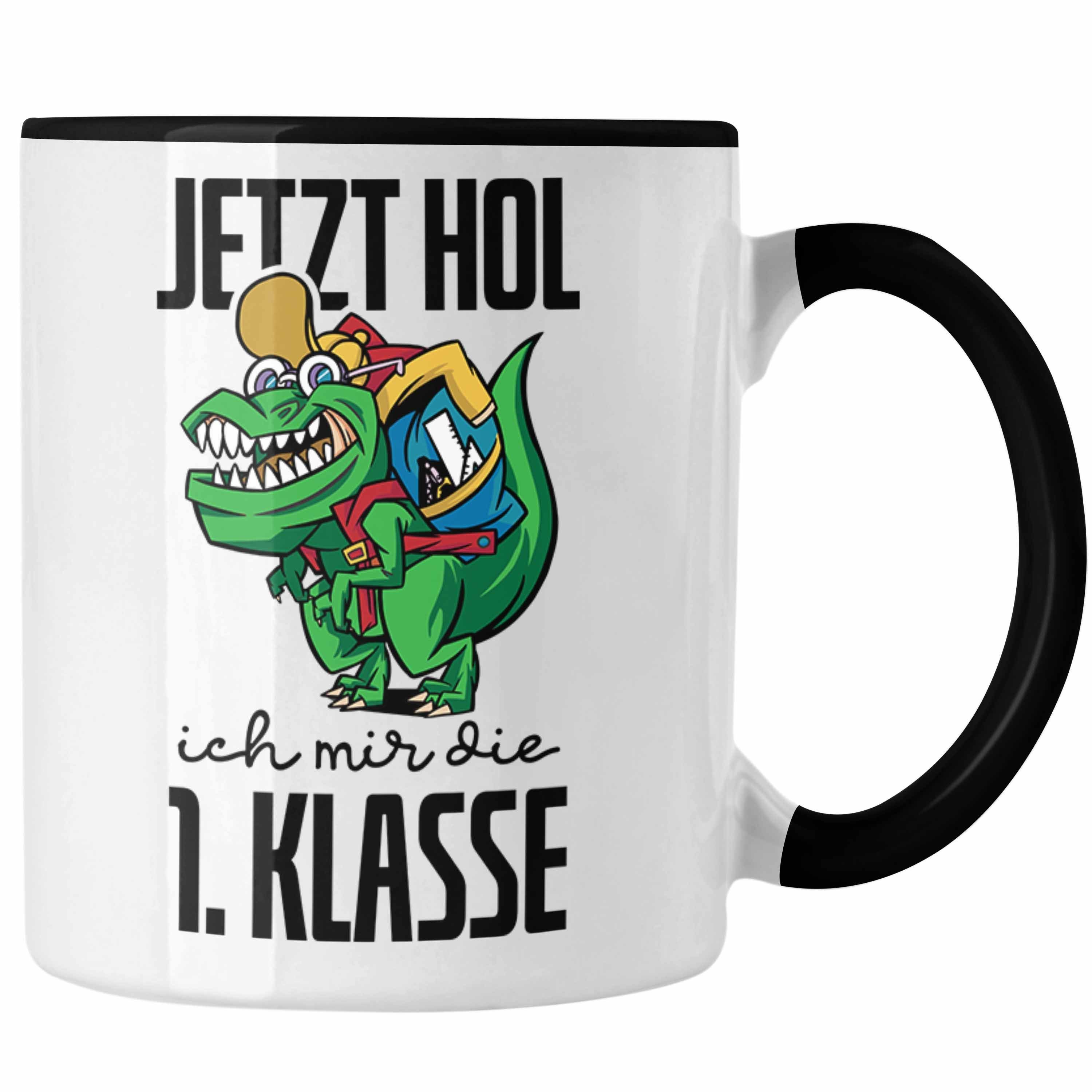 Trendation Tasse Tasse Einschulung Dino T-rex Motiv Geschenk für Jungs in der 1. Klasse Schwarz