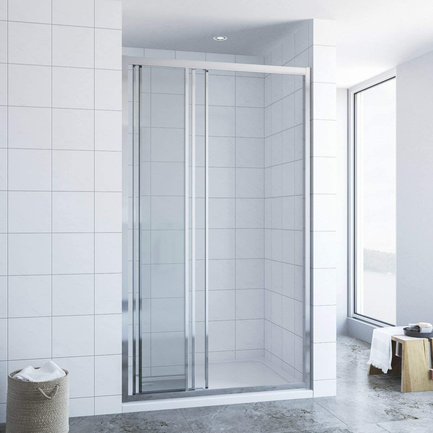 AQUABATOS Dusch-Schiebetür Duschtür Nischentür Schiebetür in Nische Duschabtrennung, 80x195 cm, 6 mm Einscheibensicherheitsglas (ESG), 3 teilige Schiebetür Vollrahmen mit Verstellbereich Nano Beschichtung