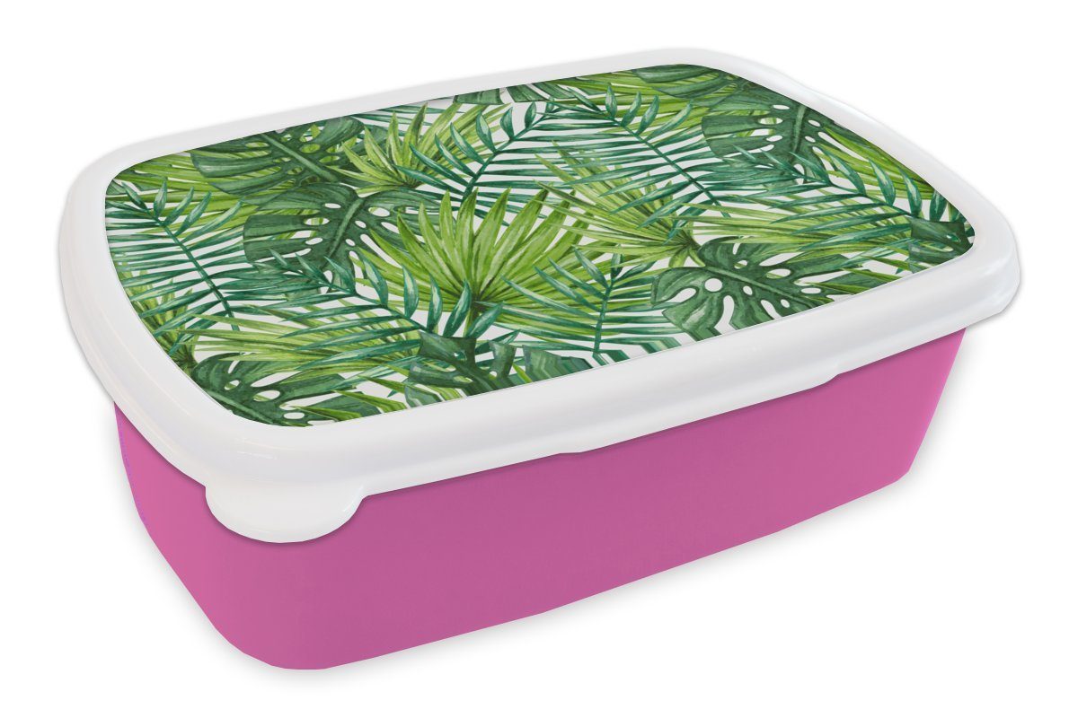 MuchoWow Lunchbox Blätter Kinder, (2-tlg), Brotdose für Brotbox Mädchen, Kunststoff, rosa Palme - - Snackbox, Erwachsene, Kunststoff Muster