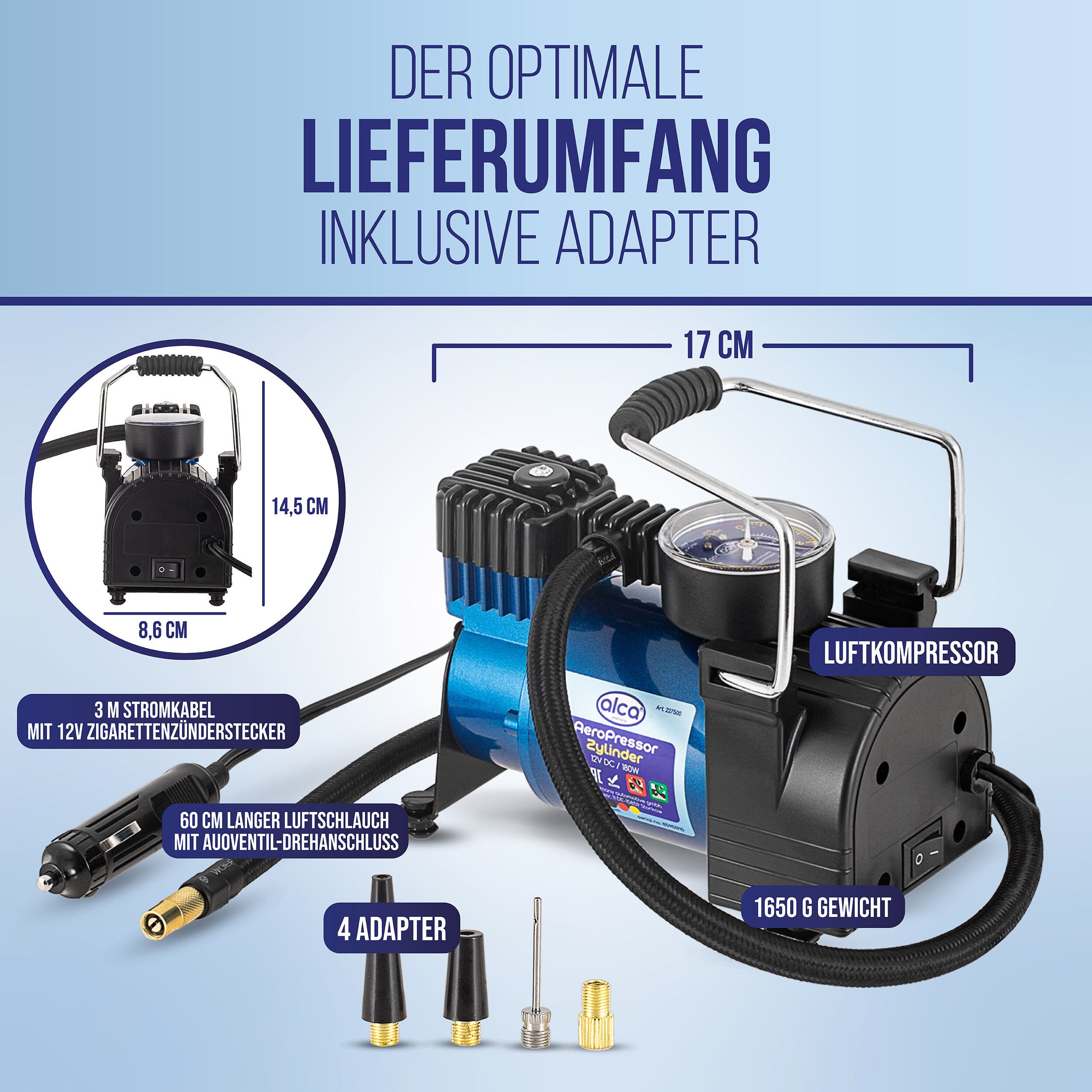 alca Kompressor Auto Kompressor mini elektrische Luftpumpe 12V Luftkompressor 21 bar, 180 W, max. 7 bar, 1-tlg.