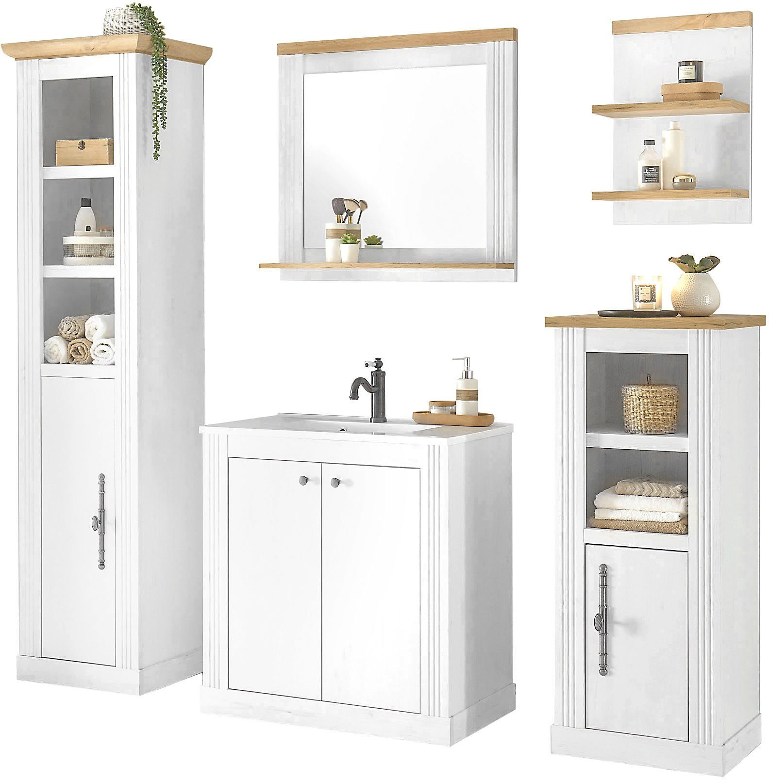 OTTO home Badmöbel-Set WESTMINSTER, Bad im Landhausstil, 5-teiliges Badezimmer, (5-St), Waschtisch, Spiegel, Midischrank, Regal, Hochschrank, Breite 220 cm