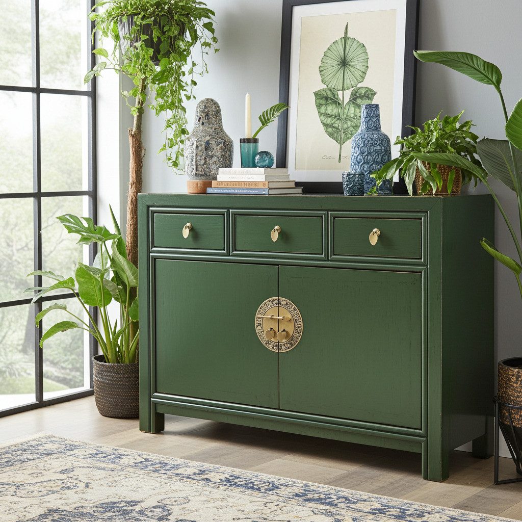 OPIUM OUTLET Kommode Vintage Schrank Sideboard grün asiatisch chinesisch orientalisch (B x T x H: 117 x 40 x 85 cm, Anrichte Buffet grün), Asia Möbel Hochzeitsschrank komplett montiert
