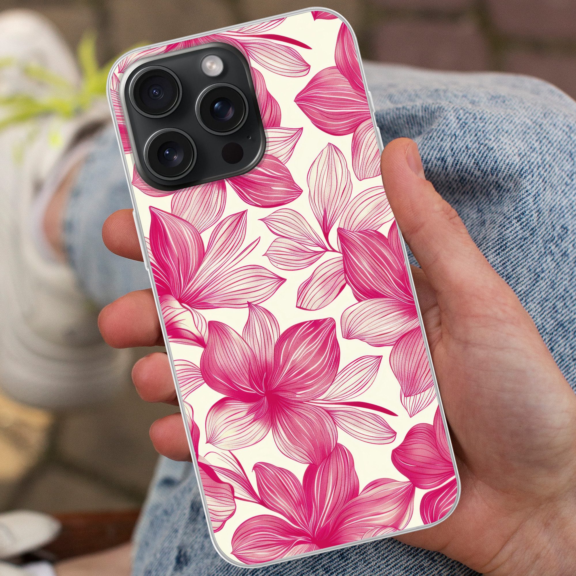 MuchoWow Handyhülle für Apple iPhone 15 Pro Max Blumen - Muster - Rosa - Weiß, Smartphone-Bumper, Print, Handy Schutzhülle Dünn