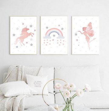 TPFLiving Kunstdruck (OHNE RAHMEN) Poster - Leinwand - Wandbild, Einhorn, Zauberfee, Regenbogen - Für Kinderzimmer - Auch im 3er Set (Mädchenzimmer, Babyzimmer, Jungenzimmer, Kindergarten), Farben: Pastel, rosa, pink, grau, weiß - Größe: 10x15cm