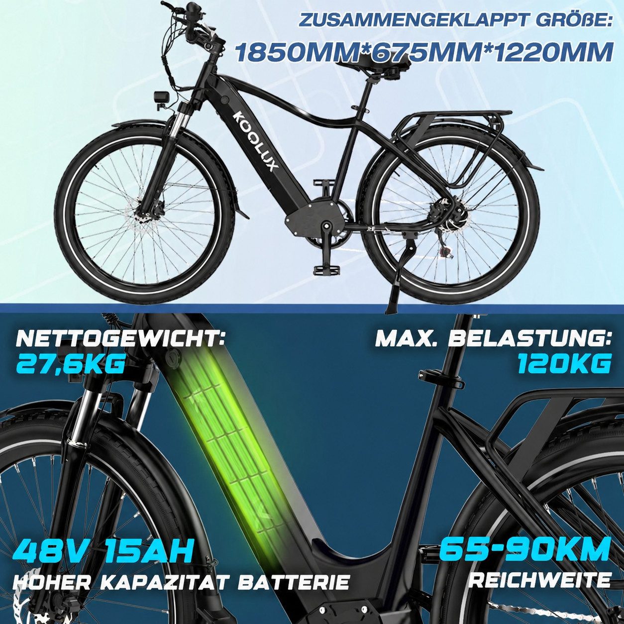 KOOLUX E-Bike 26/27,5 Zoll Elektrofahrrad für Damen/Herren,elektro-cityrad, Heckmotor, 720 Wh, Elektrofahrrad 7-Gang Shimano 48V15AH Herausnehmbare Batterie
