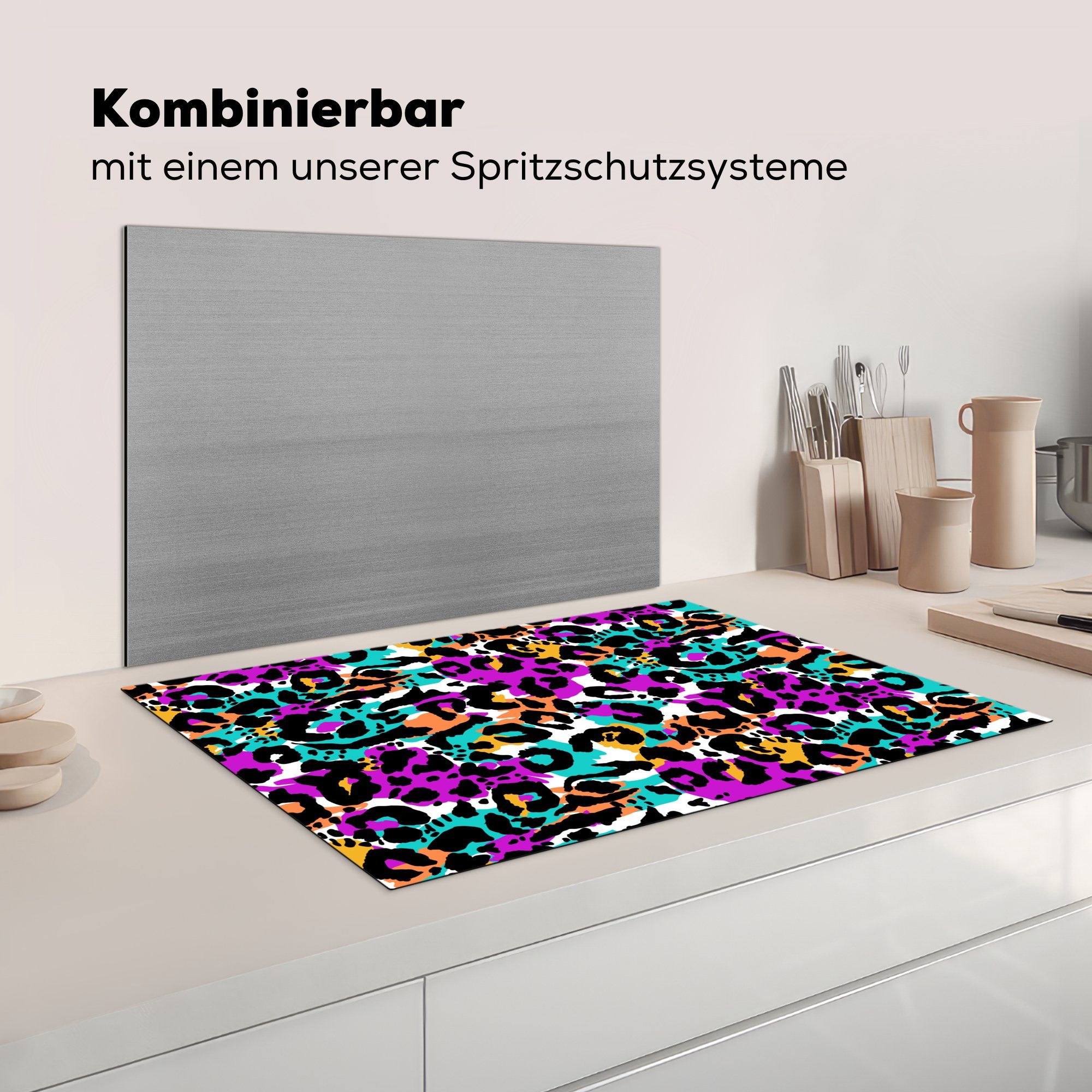 MuchoWow Herdblende-/Abdeckplatte Pantherdruck - für Vinyl, küche, - die (1 Schutz Induktionskochfeld Regenbogen tlg), 81x52 Flecken, cm, Ceranfeldabdeckung