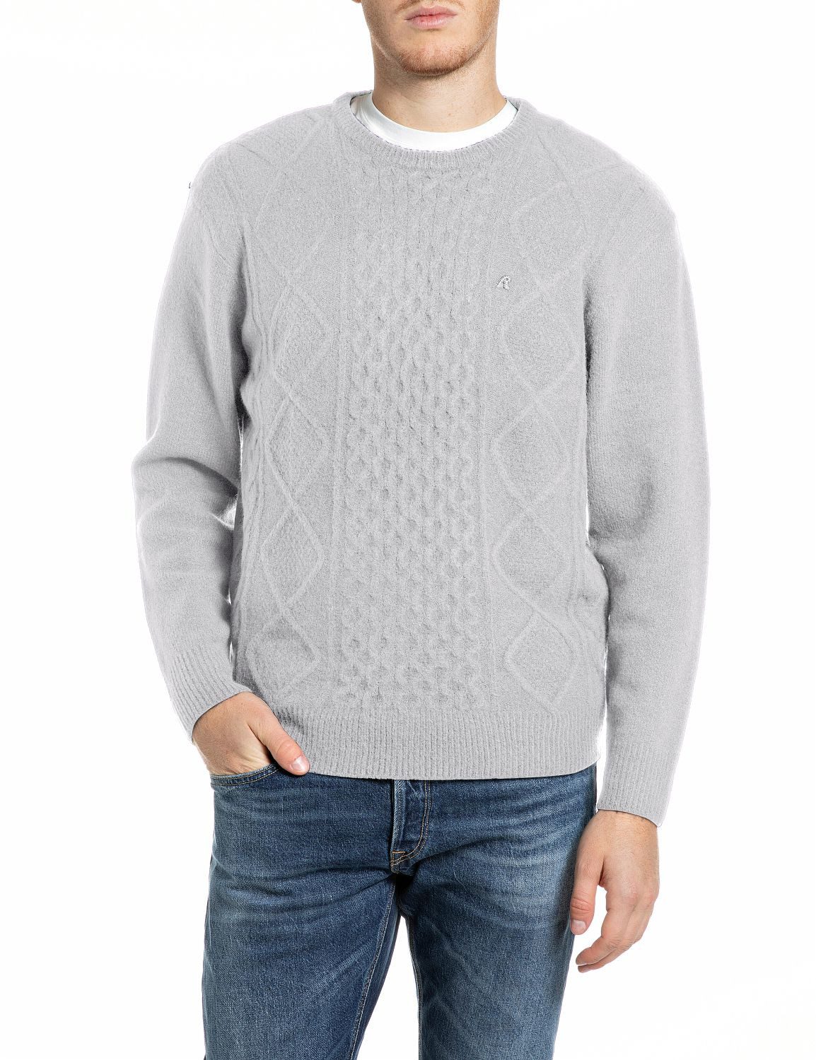 Replay Strickpullover mit Zopfmuster, Materialmix