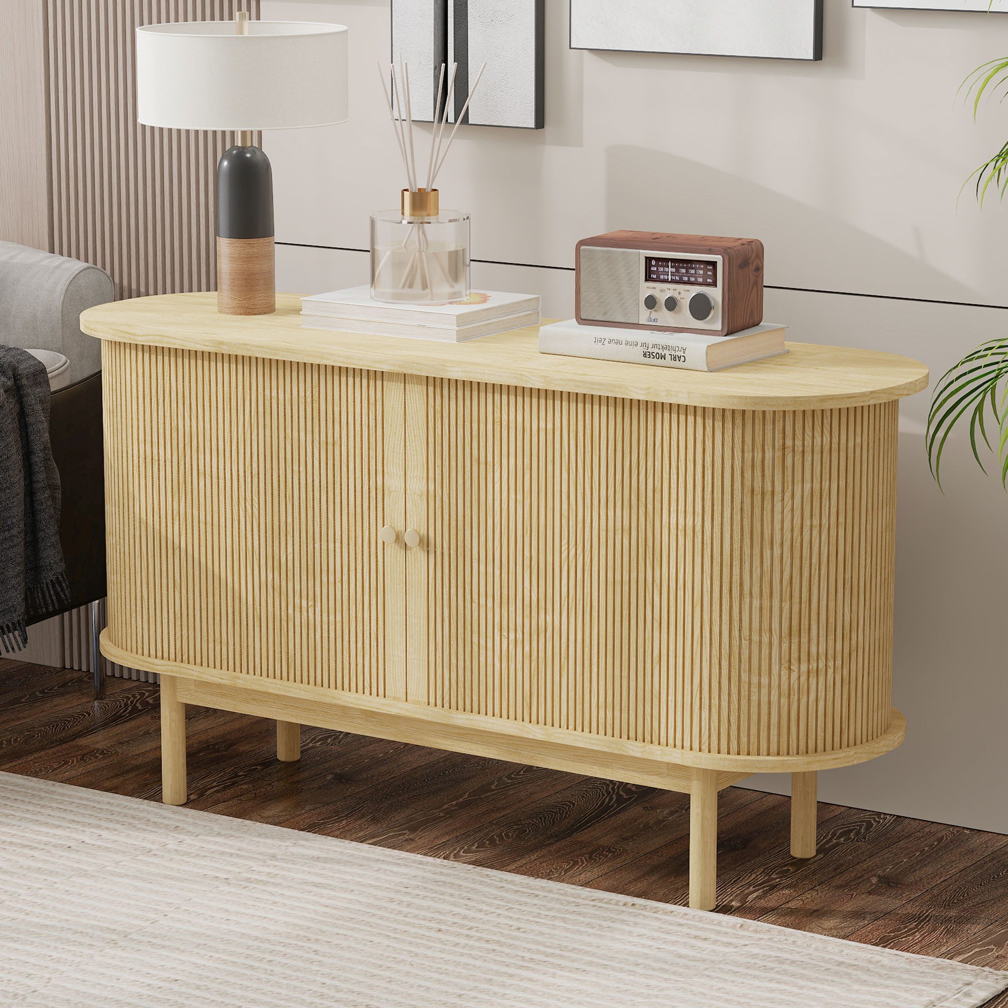 Furnishings Home Sideboard Modernes Anrichte Schrank mit verstellbaren Einlegeböden (fur Esszimmer, Küche, Flur), inkl. Schiebetüren und Kiefernholzbeinen