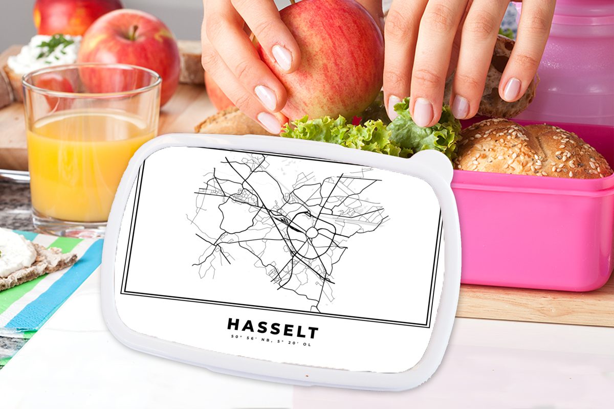 MuchoWow Lunchbox Belgien - Mädchen, Hasselt weiß Stadtplan für Snackbox, Karte, Karte Brotbox Kinder, rosa - Kunststoff Erwachsene, (2-tlg), und - Schwarz Brotdose - - Kunststoff