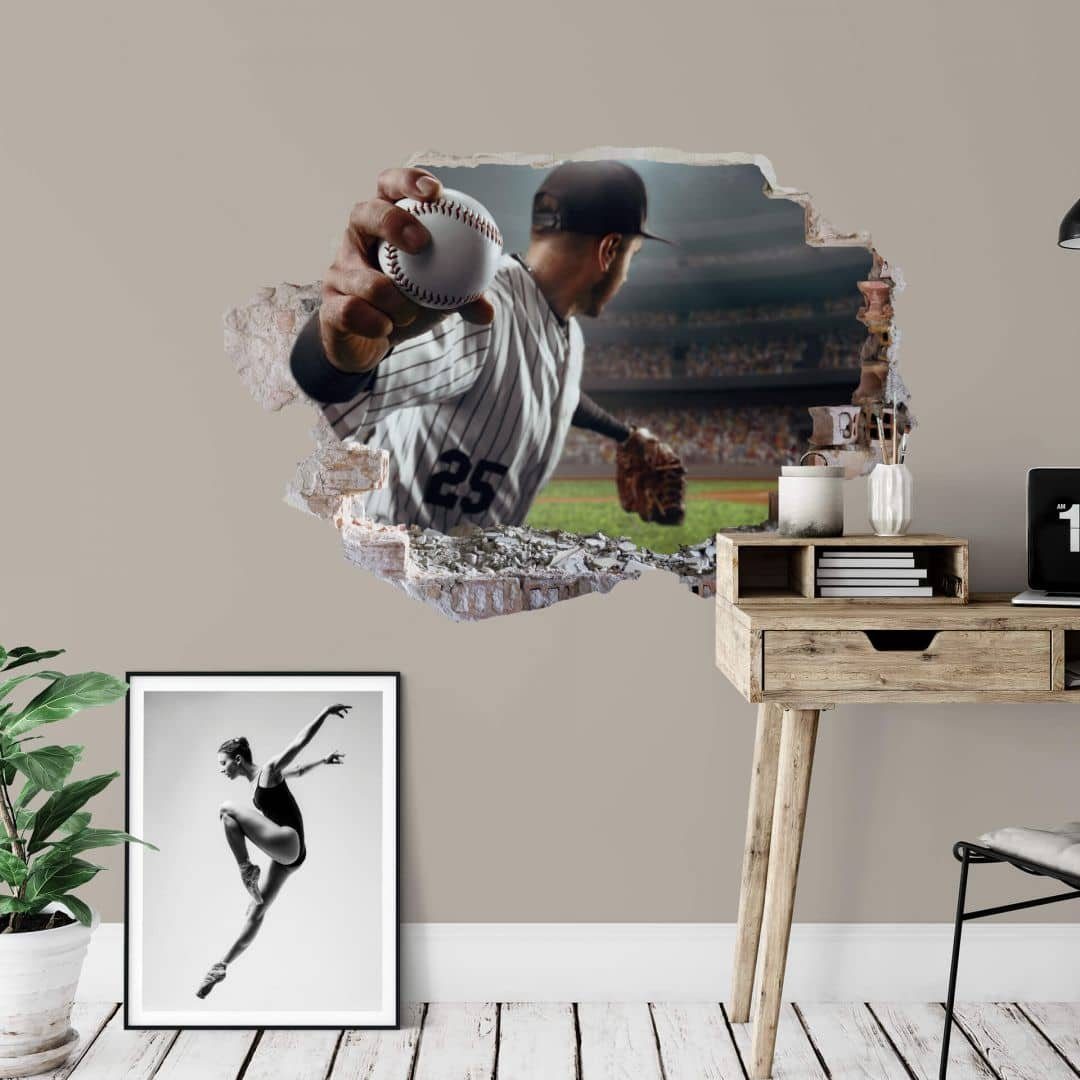 K&L Wall Art Wandtattoo 3D Wandtattoo Sport Kinderzimmer Baseball Saison Spieler im Stadion, Mauerdurchbruch Wandbild selbstklebend