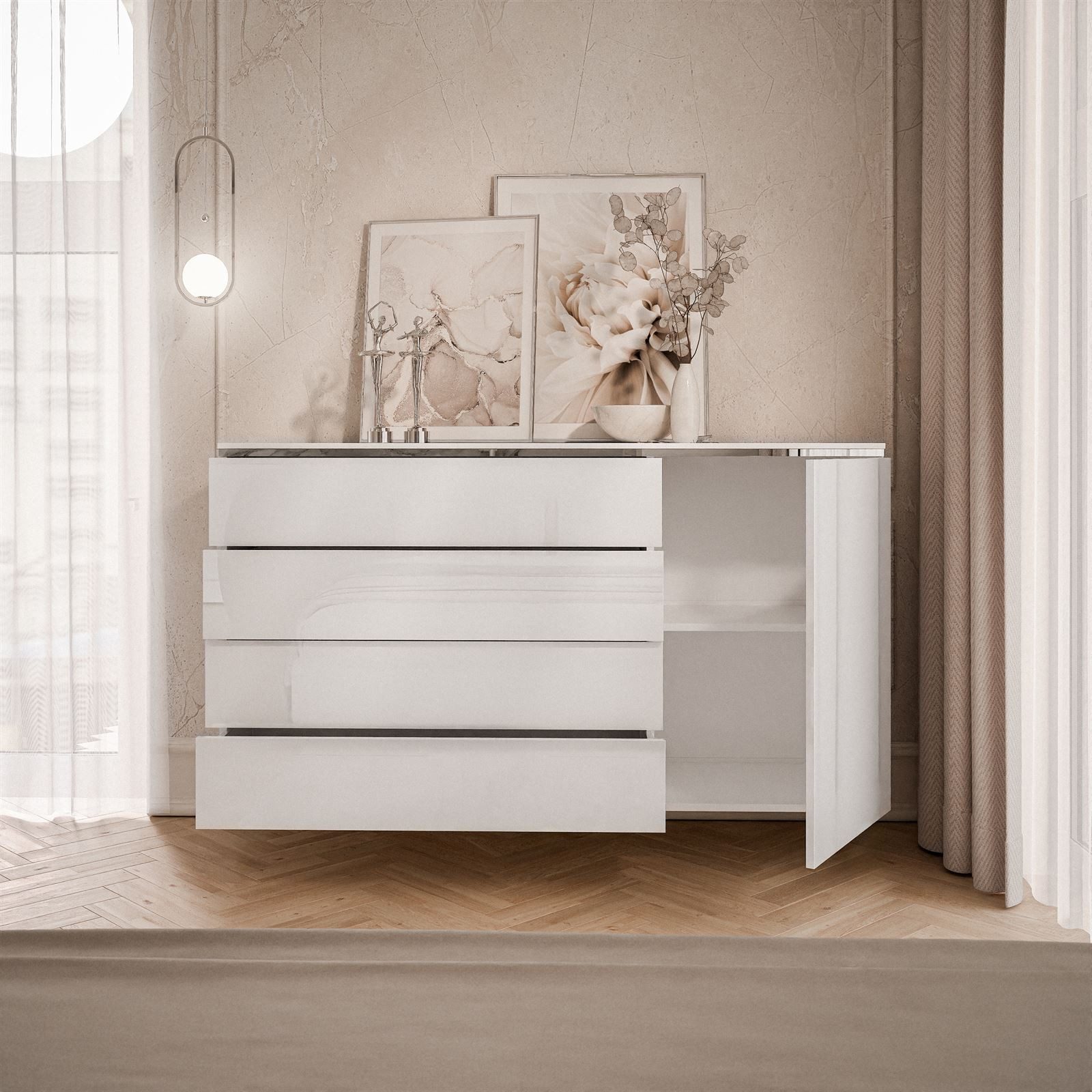 Lookway Kommode AURORA SILVER 1D4S mit Schubladen und Metallbeinen, Breite: 140 cm