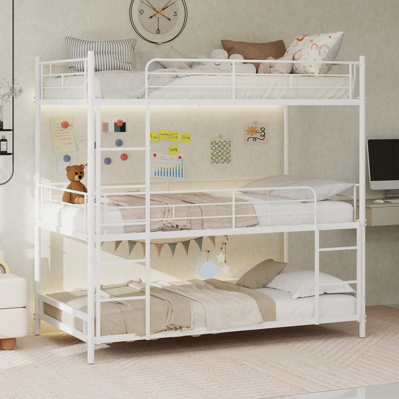 ANYSUN Etagenbett Schweres Dreifach-Rahmenbett,Kinderbett Metallbett (Dreierbett 90x200cm mit eingebauter Leiter und durchgehendem Geländer), bodensicher für Kinder/Jugendliche/Erwachsene, Schlafzimmer/Schlafsaal