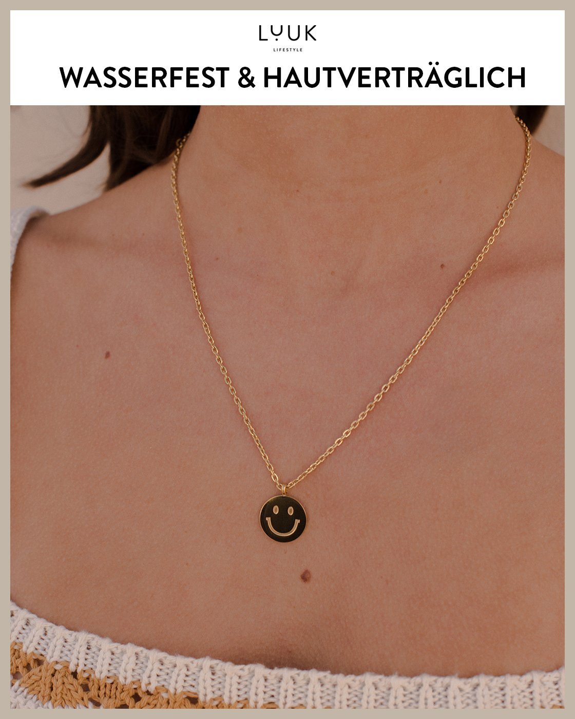 LUUK LIFESTYLE Kette mit Anhänger Smiley, Happiness Glücksbringer mit verstellbare Kettenlänge – Bild 3 von 5