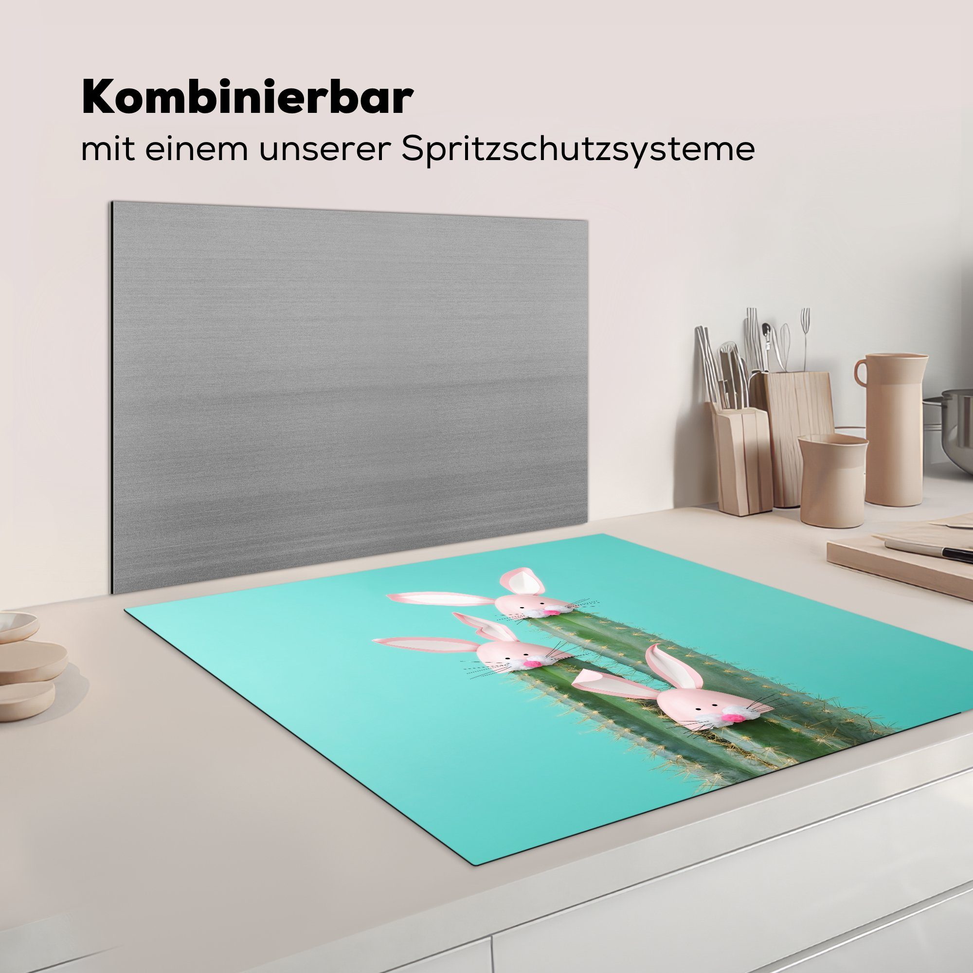 küche Osterhasen-Dekoration 78x78 (1 auf MuchoWow cm, tlg), für Vinyl, Herdblende-/Abdeckplatte Arbeitsplatte Ceranfeldabdeckung, Kakteen,