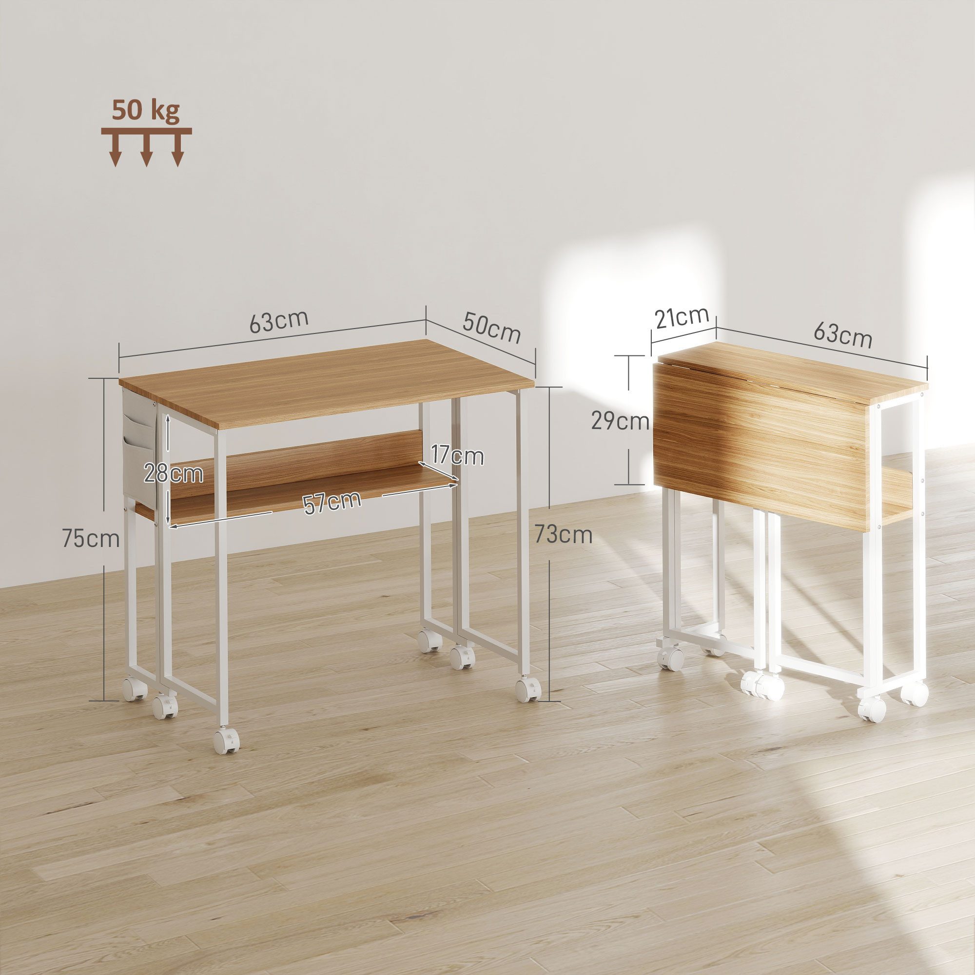 HOMCOM Schreibtisch Klappbar Klein 63 cm, mit Rollen, Regal, Aufbewahrungstasche (Klappschreibtisch, 1-St., Platzsparend Computertisch), mit Regal, Aufbewahrungstasche, für Home Office, Natur