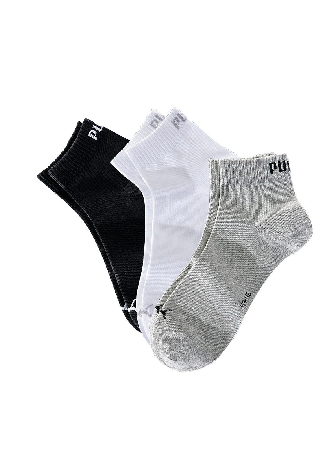 schwarz, Rippbündchen 1x 1x 1x grau-meliert weiß, (3-Paar) Kurzsocken mit PUMA