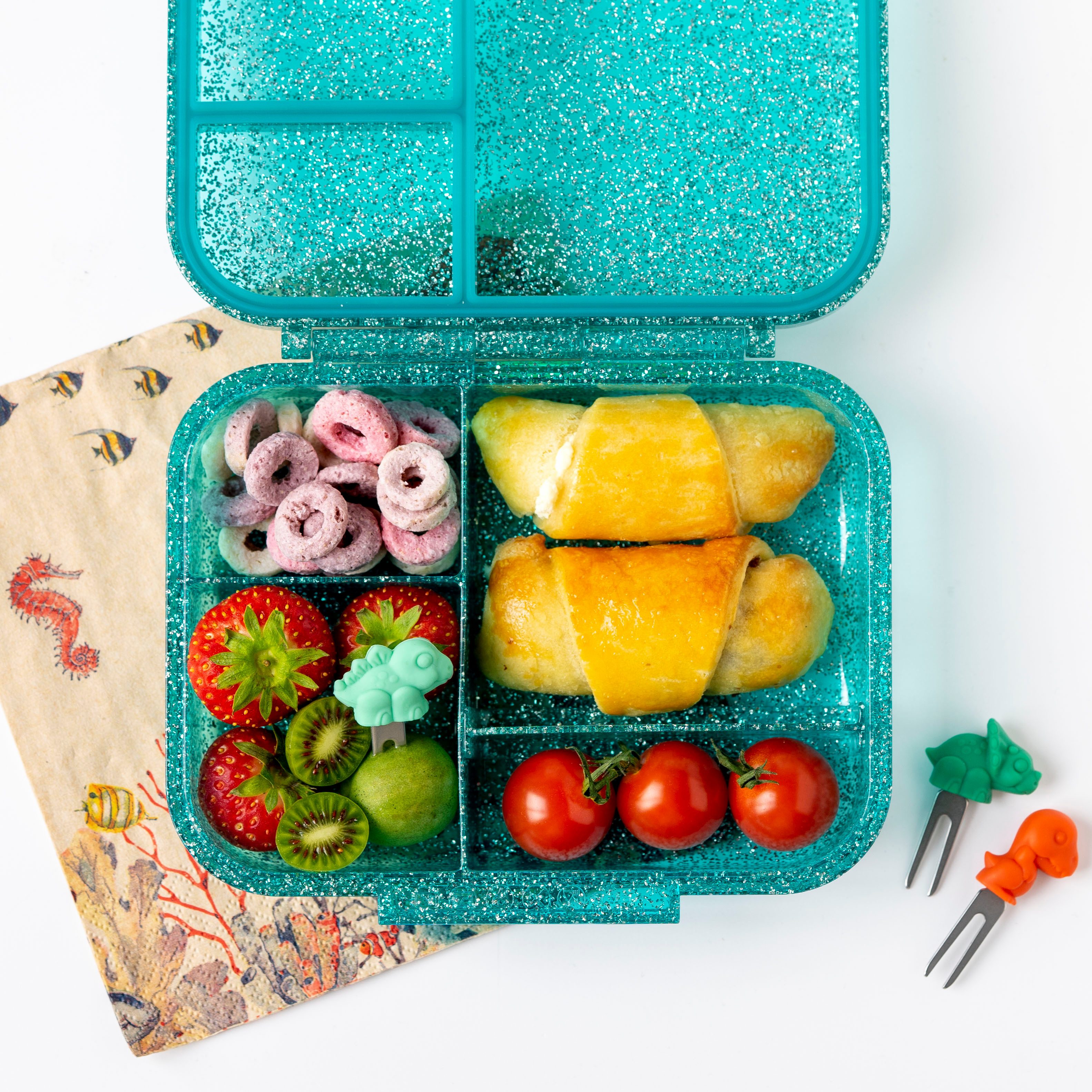 LEKKABOX Lunchbox Mini Glitzer Brotdose, 3 Fächer - Kinder Bento Box Vesperdose Brotbox, Für feuchte Lebensmittel auslaufsichere Bento Box, inkl. extra Trenner
