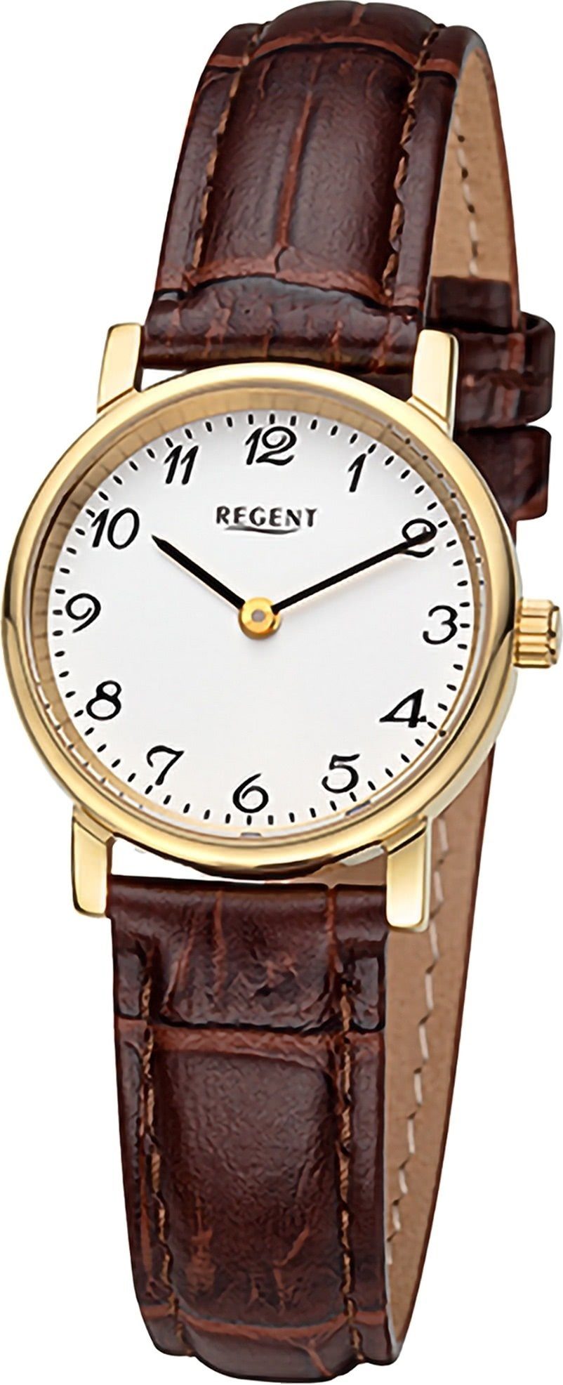 Regent Quarzuhr Regent Damen Armbanduhr Analog, Damenuhr Lederarmband braun, rundes Gehäuse, extra groß (ca. 26,5mm)