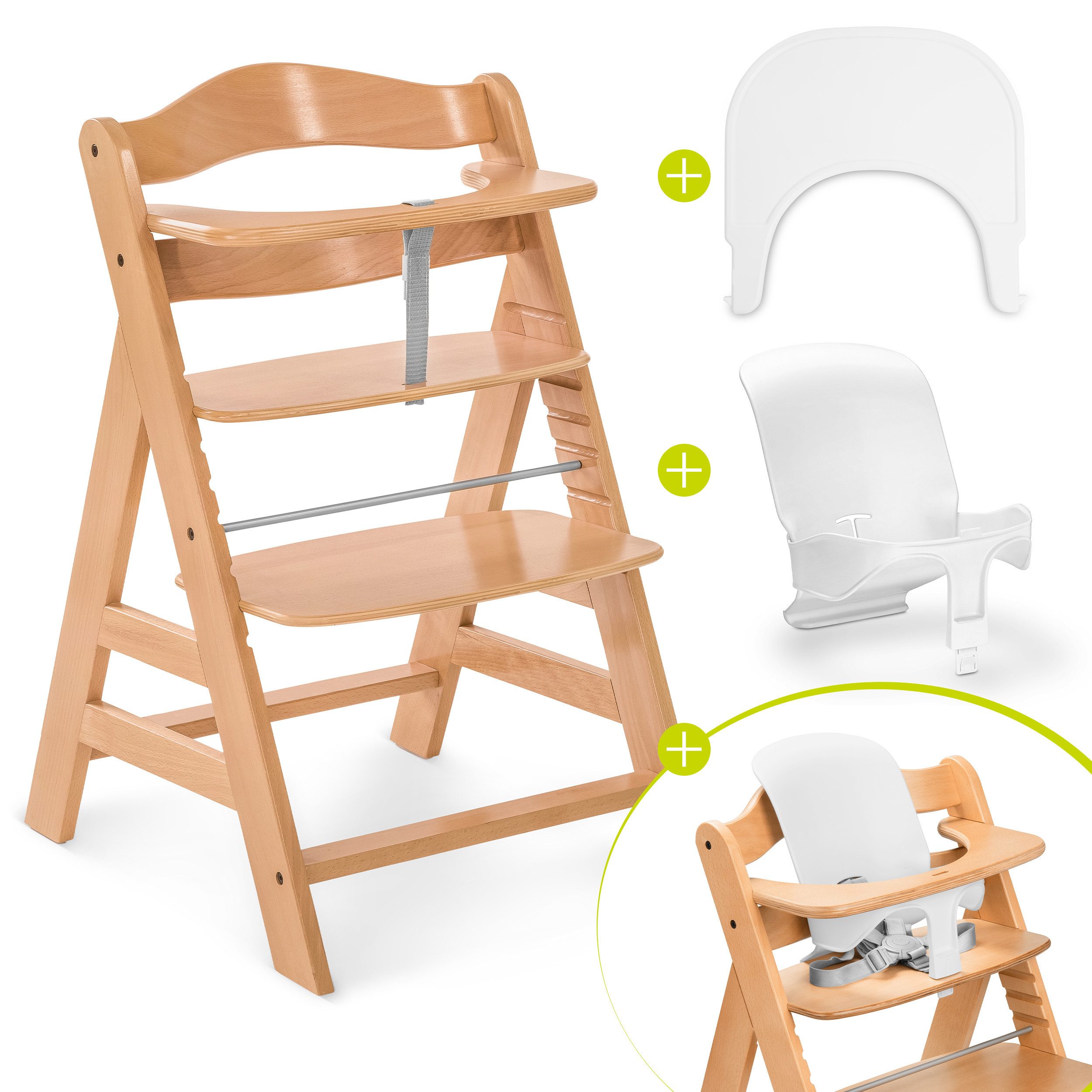 Hauck Hochstuhl Alpha Plus Set - Natur, Mitwachsender Holz Kinderhochstuhl mit Essbrett Click Tray & Baby-Sitz