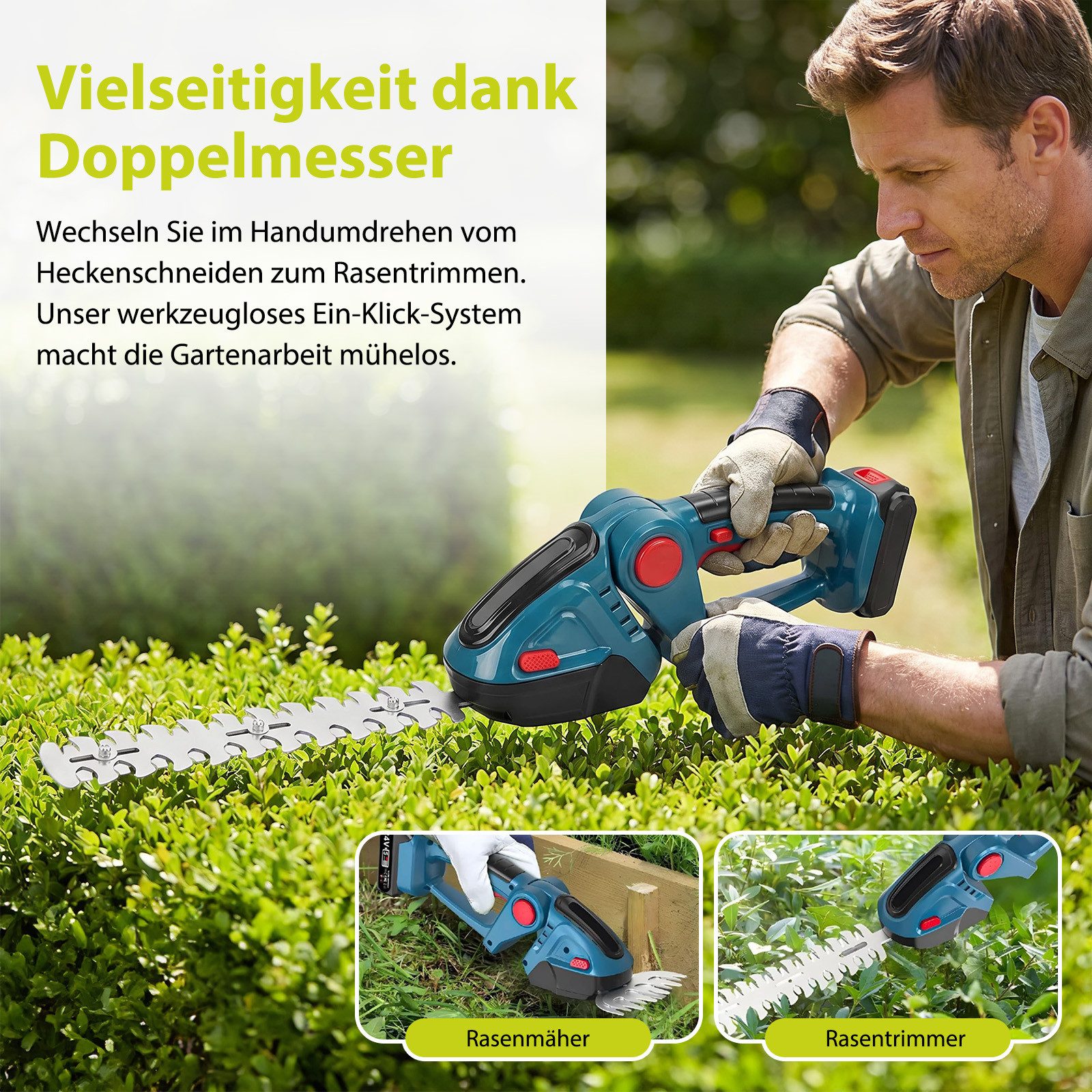 AKKEE Akku-Grasschere Akku Heckenschere 2-in-1 Akku-Grasschere mit 1500mAh Batterien, Doppelschalter