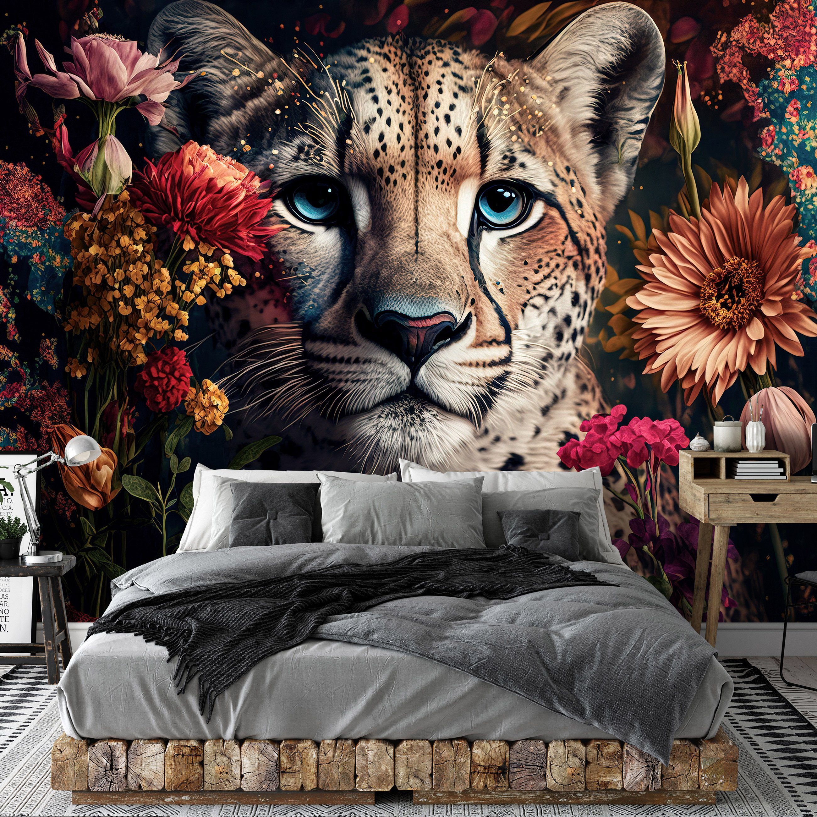 Wallarena Fototapete Vlies Gepard Kunst Wandtapete, Schlafzimmer inklusive Tiere, Struktur Kleister Vlies Tapete Motivtapete Wohnzimmer Vliestapete Blumen Tapete Vinyl, Glatt