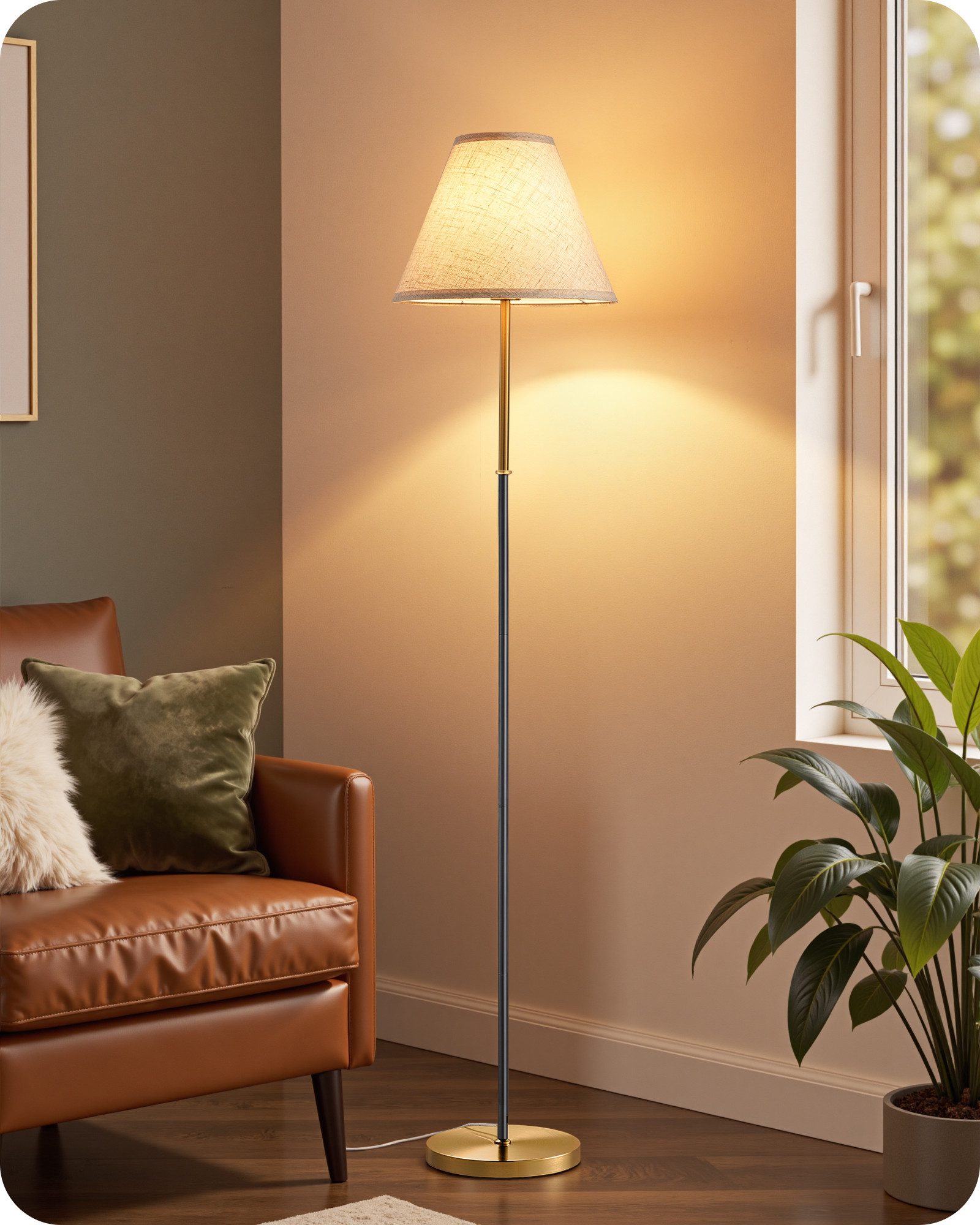 EDISHINE Stehlampe Wohnzimmer, LED wechselbar, warmweiß, Leselampe für Ecke, Stehlampe mit Leinenstoff-Schirm, 2700K