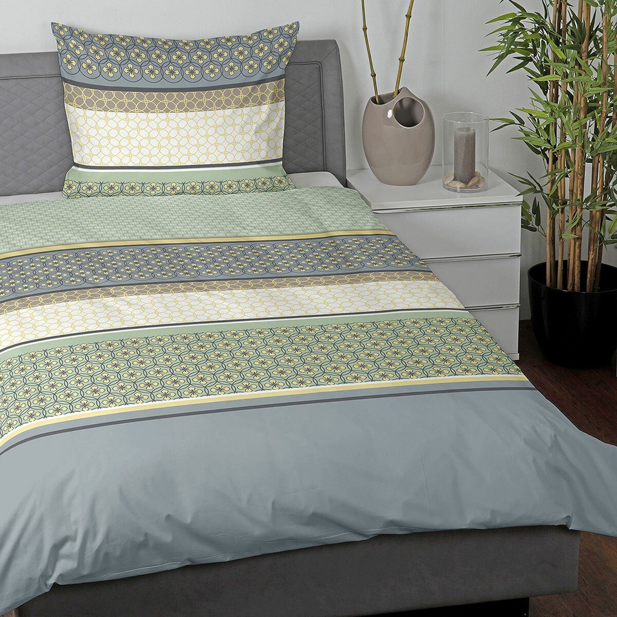 TRAUMSCHLAF Bettwäsche Poupy grün grau, Biber, 2 teilig, flauschige Biber Qualität