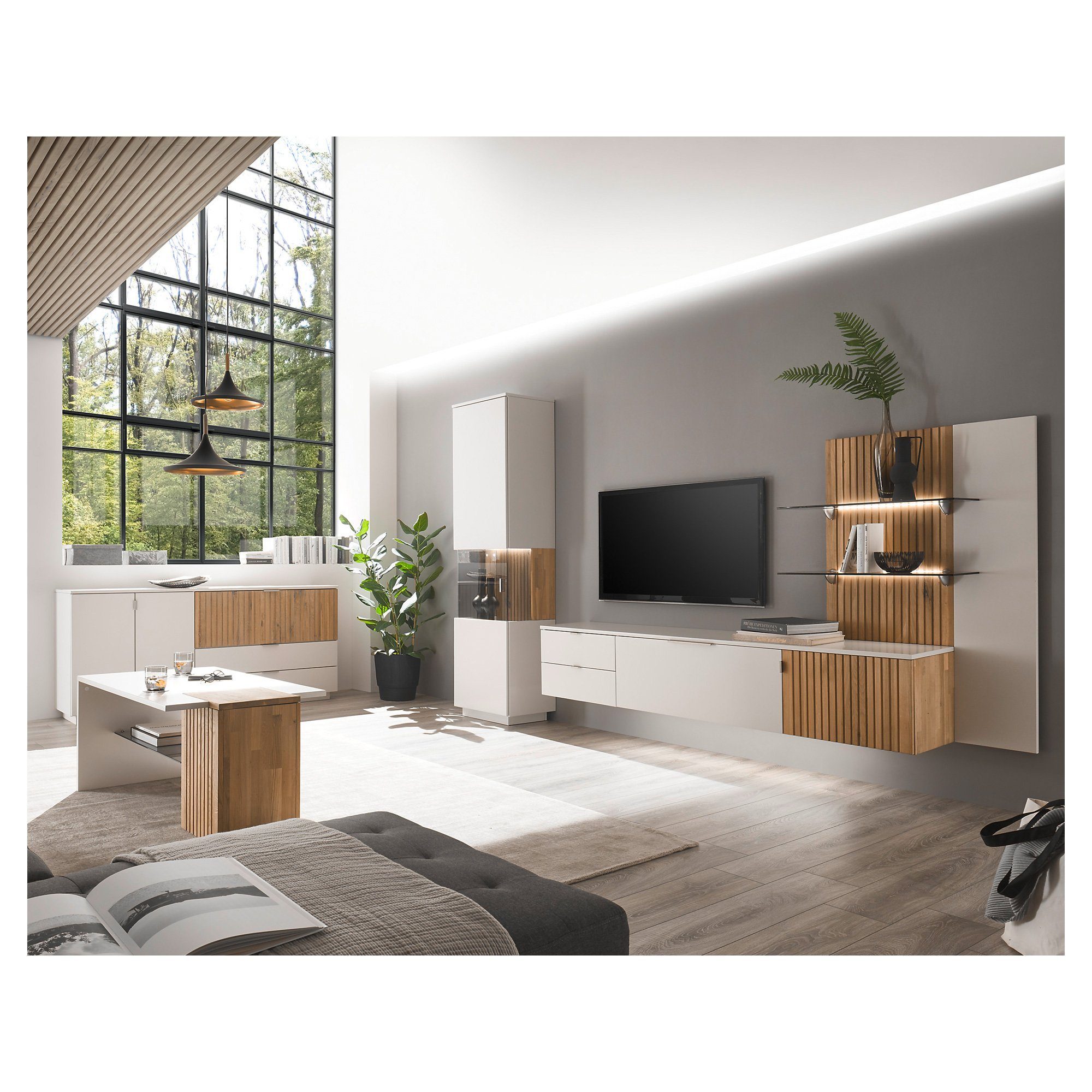 expendio Wohnzimmer-Set Linda 32, 5-St), geölt massiv lackiert/ Eiche (Spar-Set, weiß-grau bianco