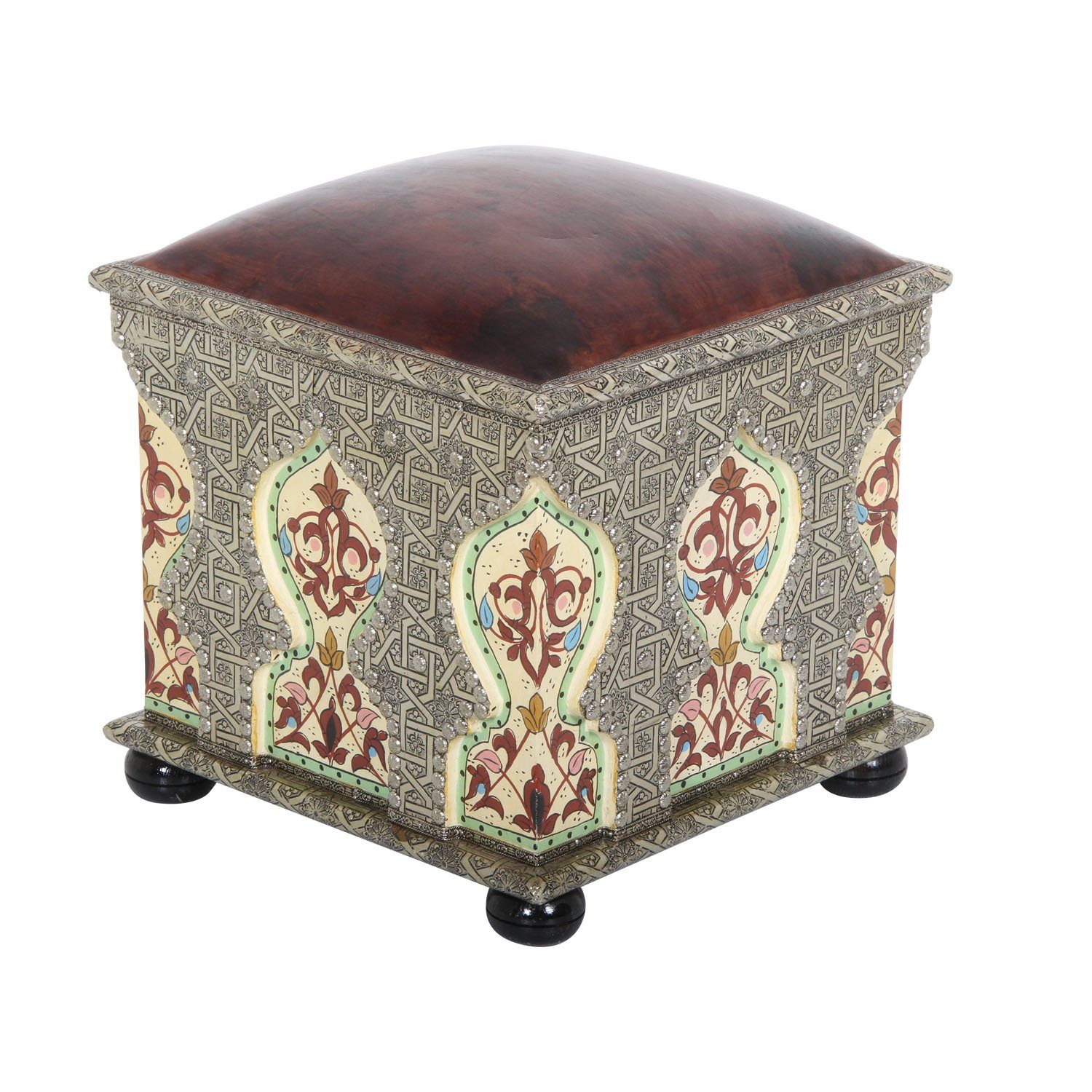 Casa Moro Диван Marokkanischer Sitzhocker Elias aus Massivholz Messing (Prachtvolle orientalische Dekoration Pouf Schemel), Kunsthandwerk aus Marokko