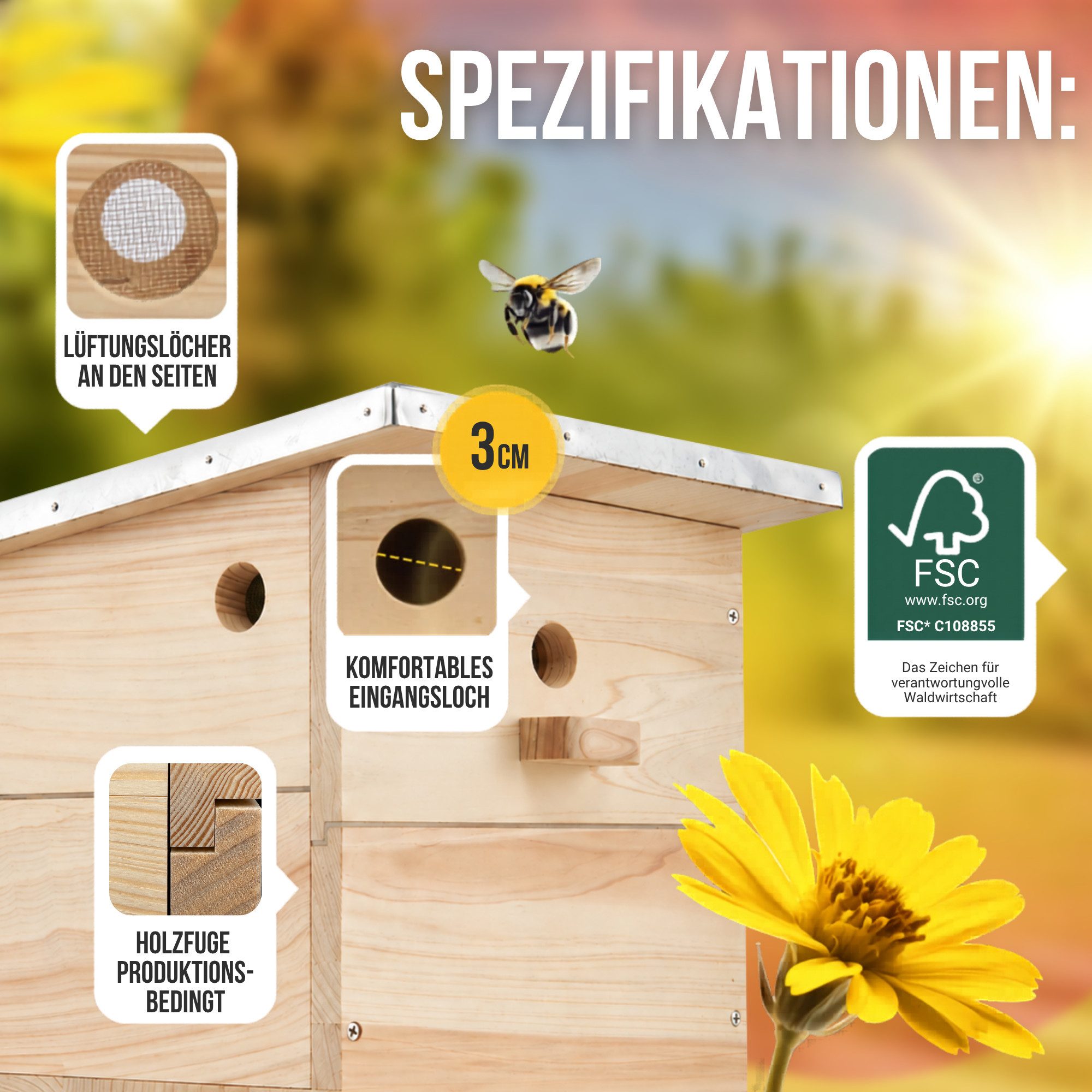 BEESI Insektenhotel Hummelhaus groß inkl. Vorbau und Wachsmottensperre, (Packung, 1-St., Hummelhotel inkl. Kapok, Nistkarton, Holzspäne), 32T x 26,8B x 31,5H cm