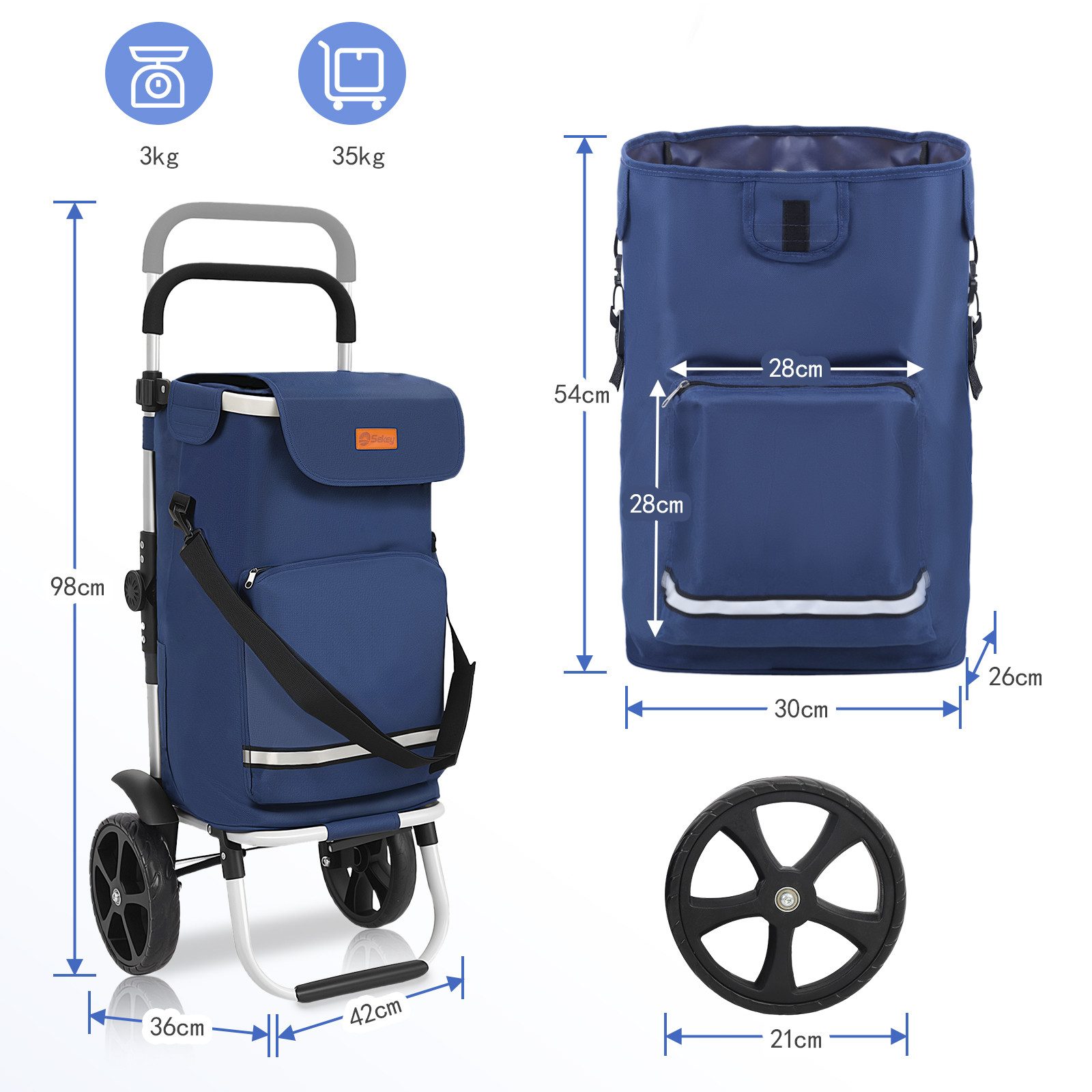 Sekey Einkaufstrolley 3-in-1 mit Kühlfach und Spanngurt, Faltbarer Einkaufswagen 42L & 35kg, 3-in-1 Trolley, Sackkarre & Umhängetasche, Ideal für Einkäufe