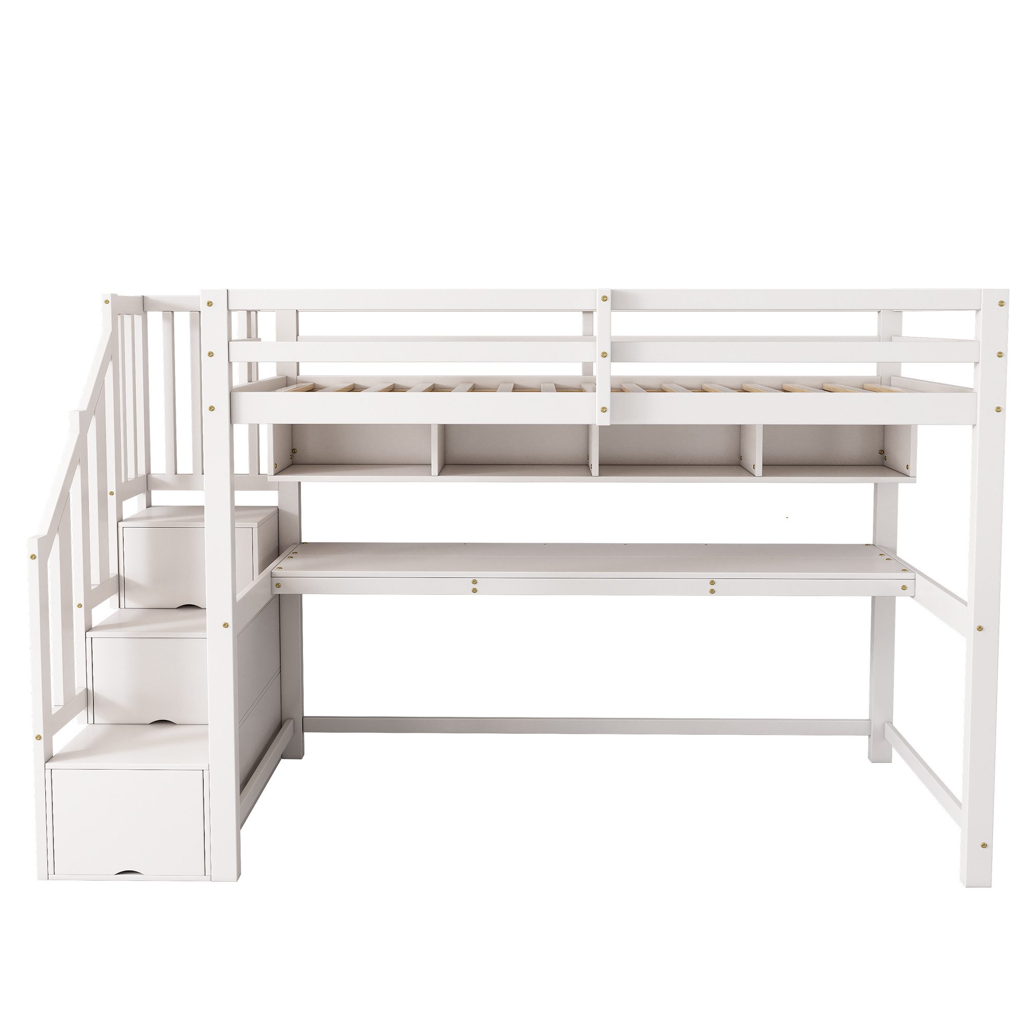 Flieks Hochbett Kinderbett mit Regale, Schreibtisch und Stauraumtreppe 90x200cm – Bild 5 von 5