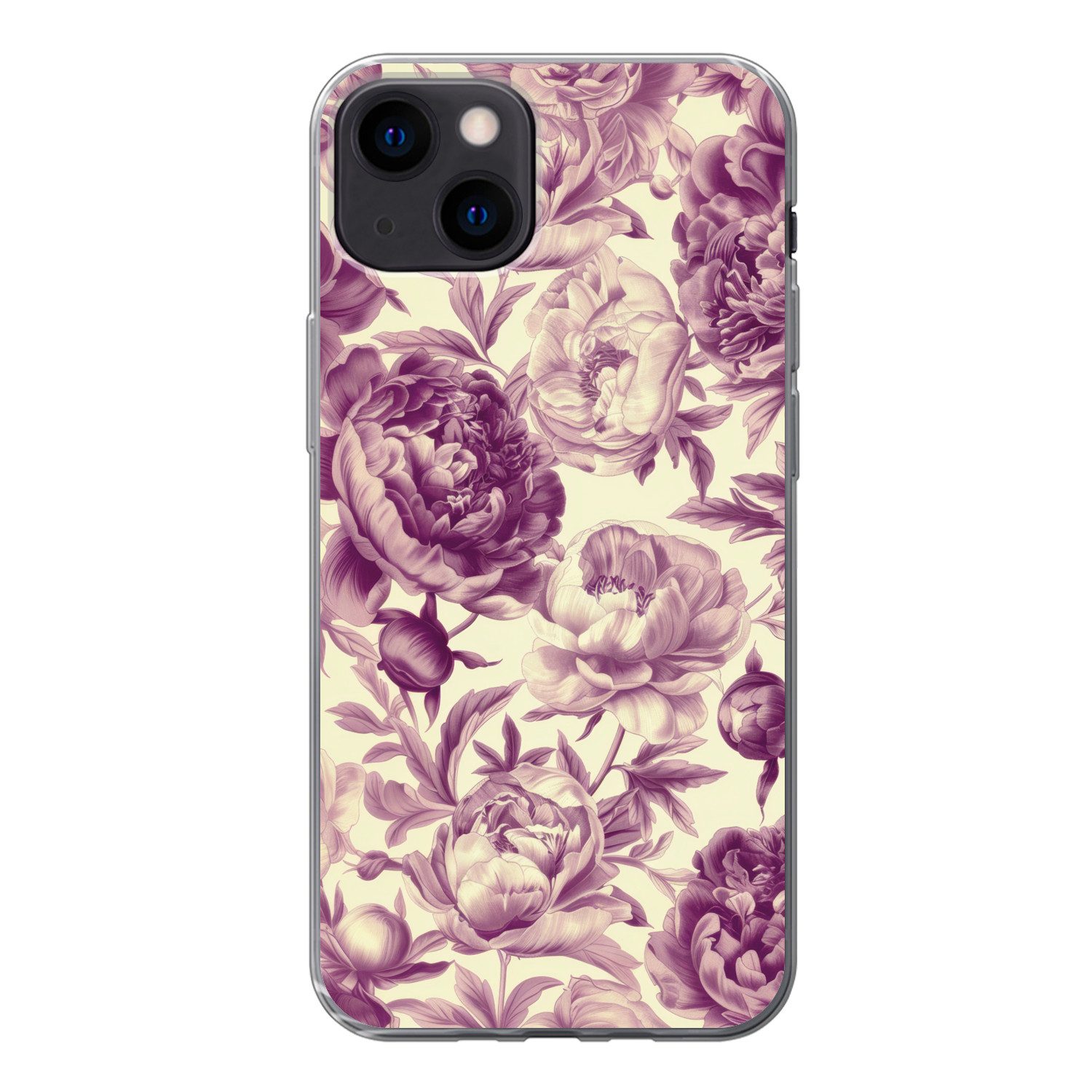 MuchoWow Handyhülle für Apple iPhone 13 Blumen - Muster - Lila - Beige, Smartphone-Bumper, Print, Handy Schutzhülle Dünn