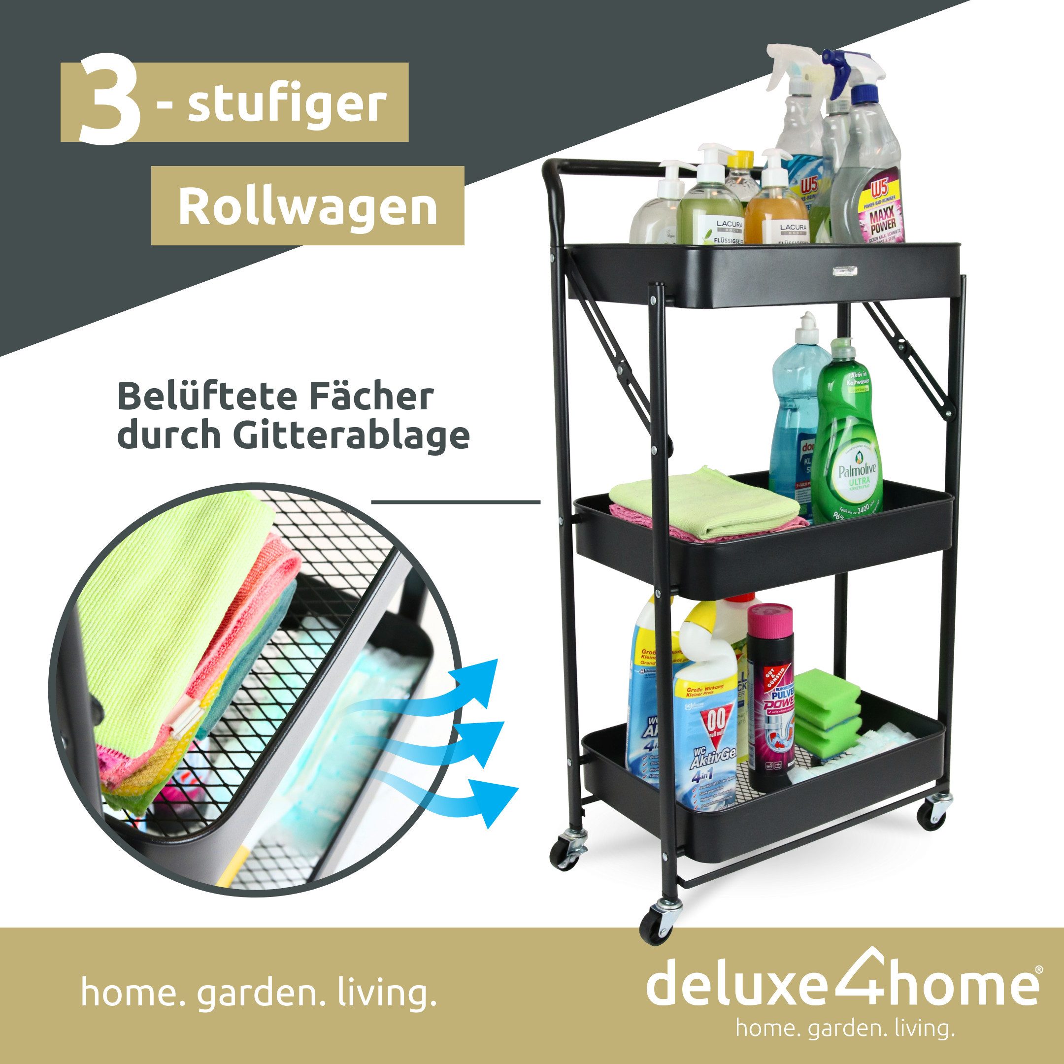 deluxe4home Servierwagen Rollwagen mit 3 Ebenen I Nischenwagen Mehrzweck, Klappbar
