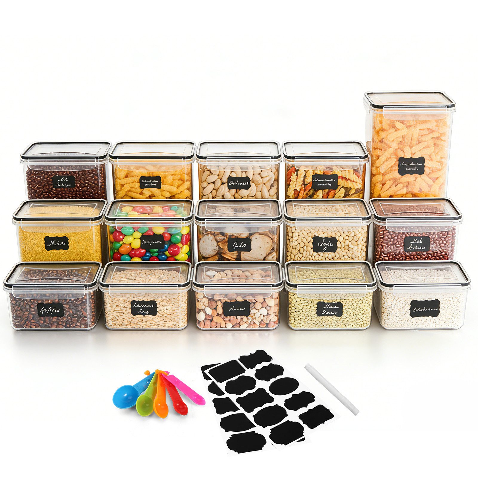 BlingBin Vorratsdose Frischhaltedose mit Deckel Luftdicht, Aufbewahrungsboxen Set, PP + Silikon, (15er Set, 15-tlg., Kapazität: 0,8L*5, 1,4L*5, 2L*4, 2,8L*1), Vorratsbehälter Mit Schreibstift,Messlöffel & Etikett für Mehl,Zucker