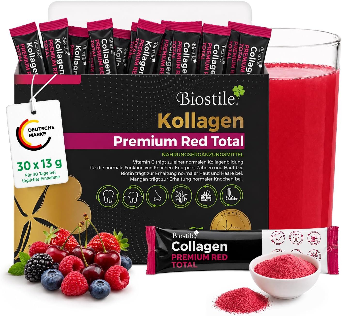 Biostile Premium Red Total Kollagen Pulver mit Hyaluron und Shilajit - Kollagenpulver, 390 g, Mit Vitamin C, Biotin, Zink & roten Früchtengeschmack, 30 Beutel