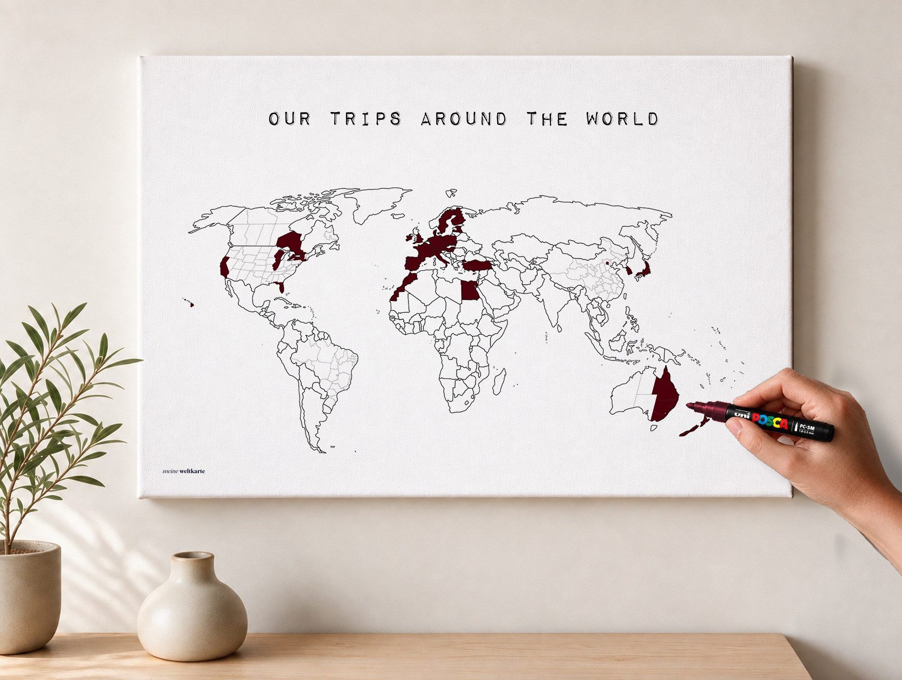 mw Leinwandbild Weltkarte Our Trips Around the World zum Ausmalen, Weltkarte, Originaltitel oder Wunschtitel; Leinwandposter oder Keilrahmen