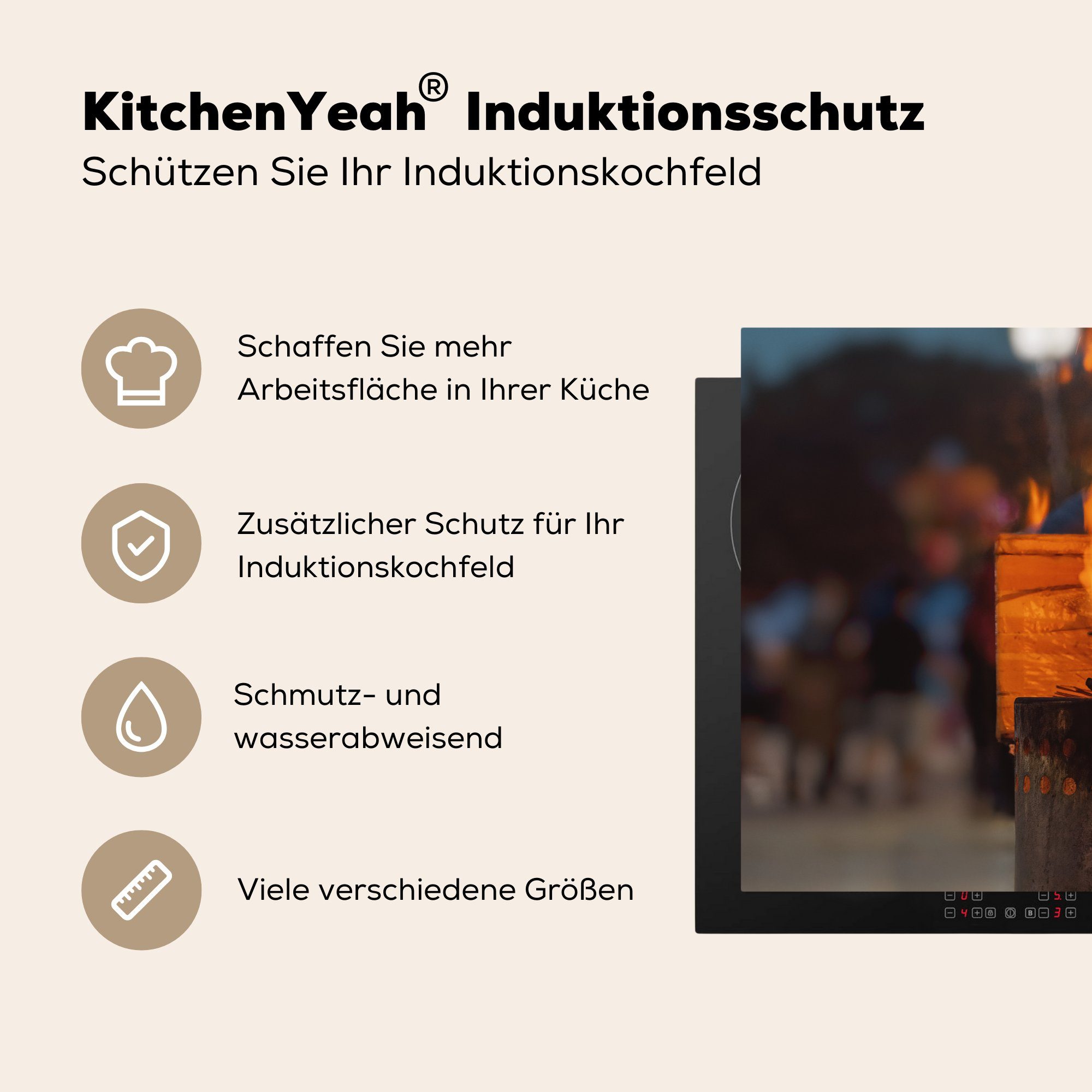 Ceranfeldabdeckung aus der MuchoWow (1 die asiatischen Vinyl, Streetfood-Pfanne, Herdblende-/Abdeckplatte Induktionskochfeld tlg), cm, 81x52 für Flammen küche, Schutz