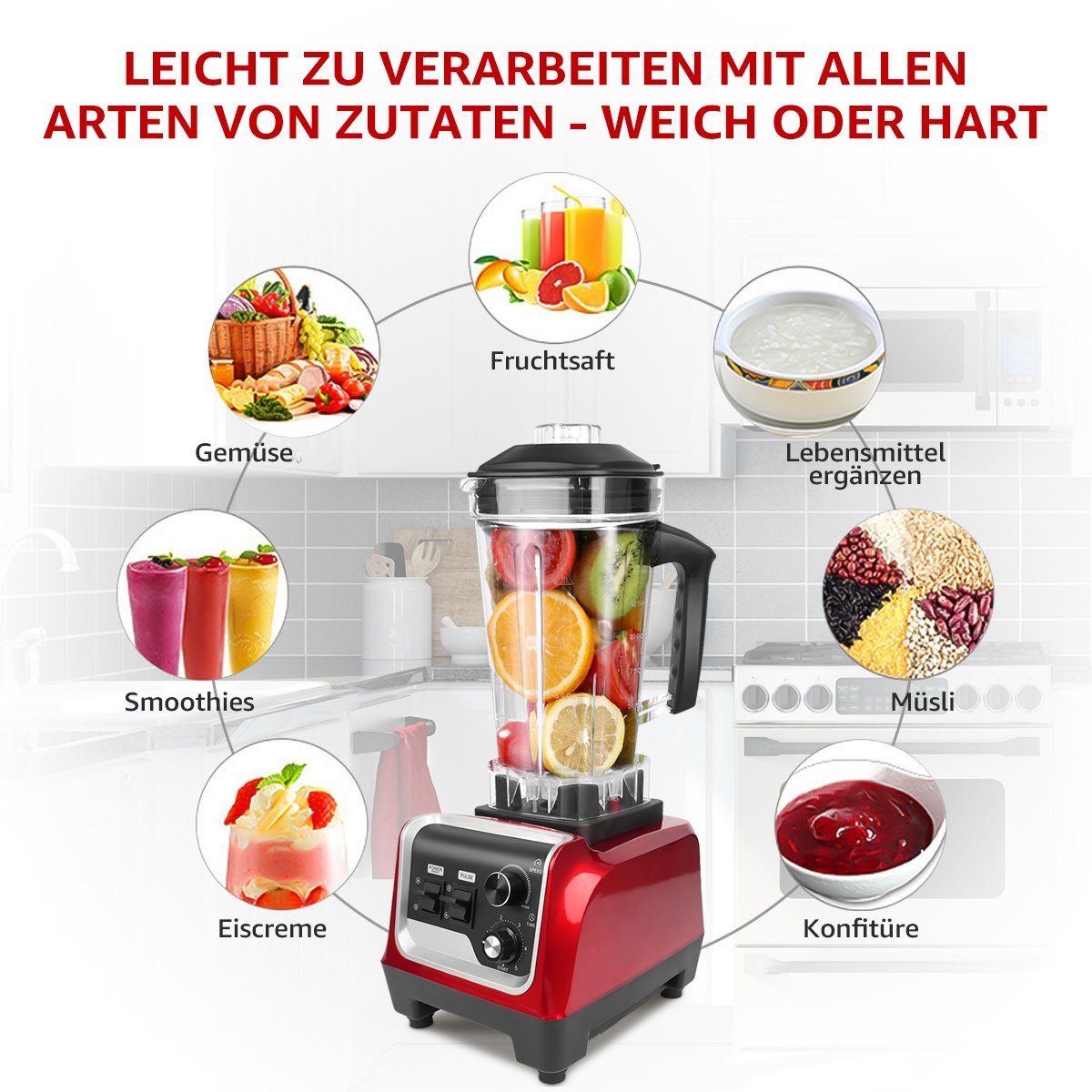 Funktion, funktion Smoothie W, Puls 1600,00 U/min, Maker Hochleistungsmixer, Standmixer Selbstreinigungsfunktion, Crush Timer, 7Magic 32000