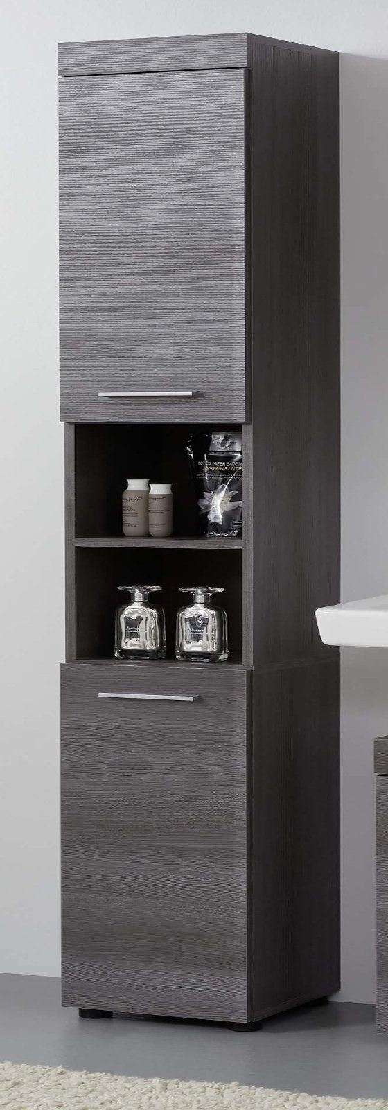 trendteam Hochschrank Runner (Badschrank in Grau Rauchsilber, 2-türig 30 x 190 cm) mit 6 Fächern, Türanschlag wechselbar