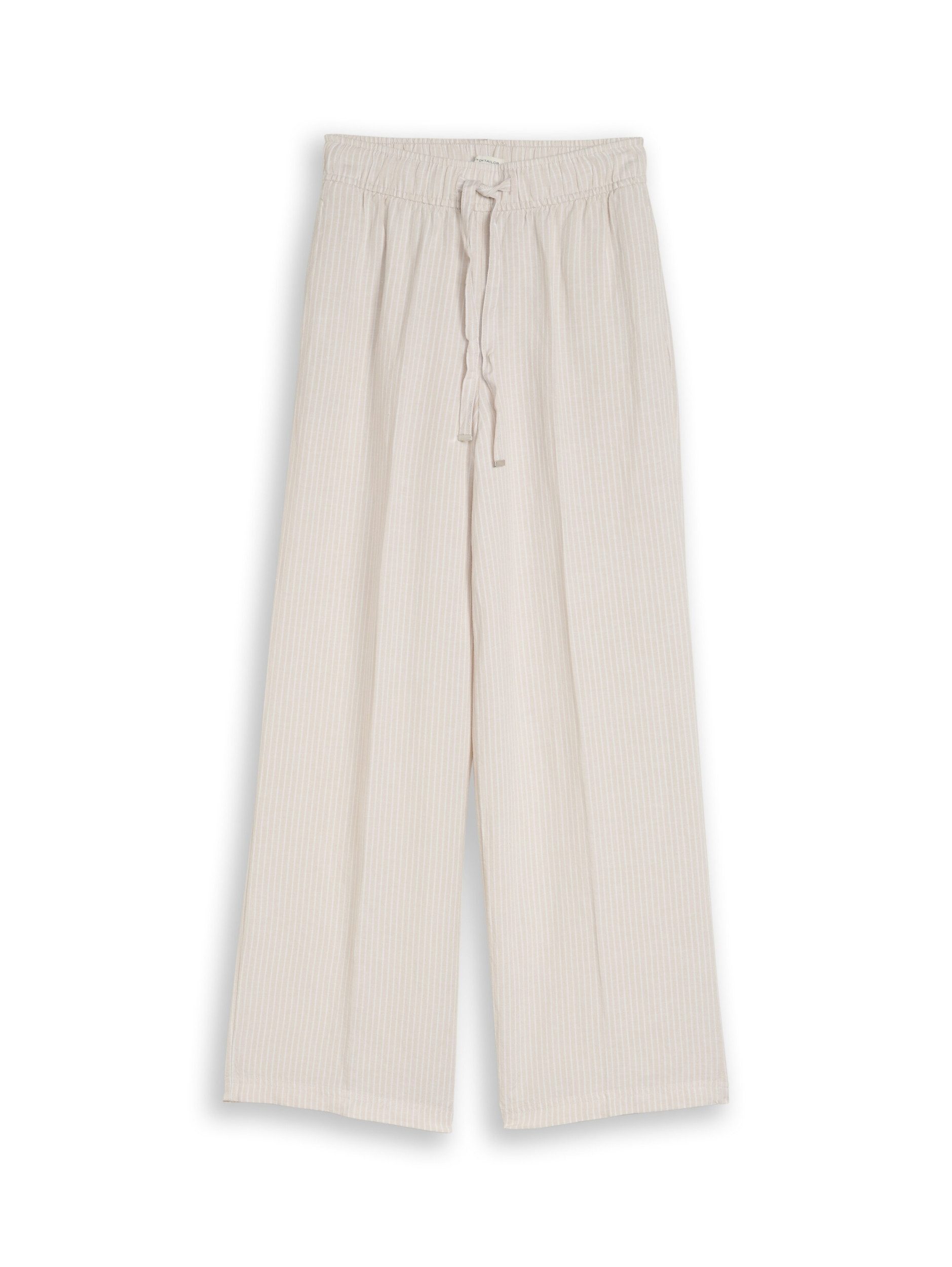 TOM TAILOR Chinos linen loose fit wide leg pants taupe white irregular stripe