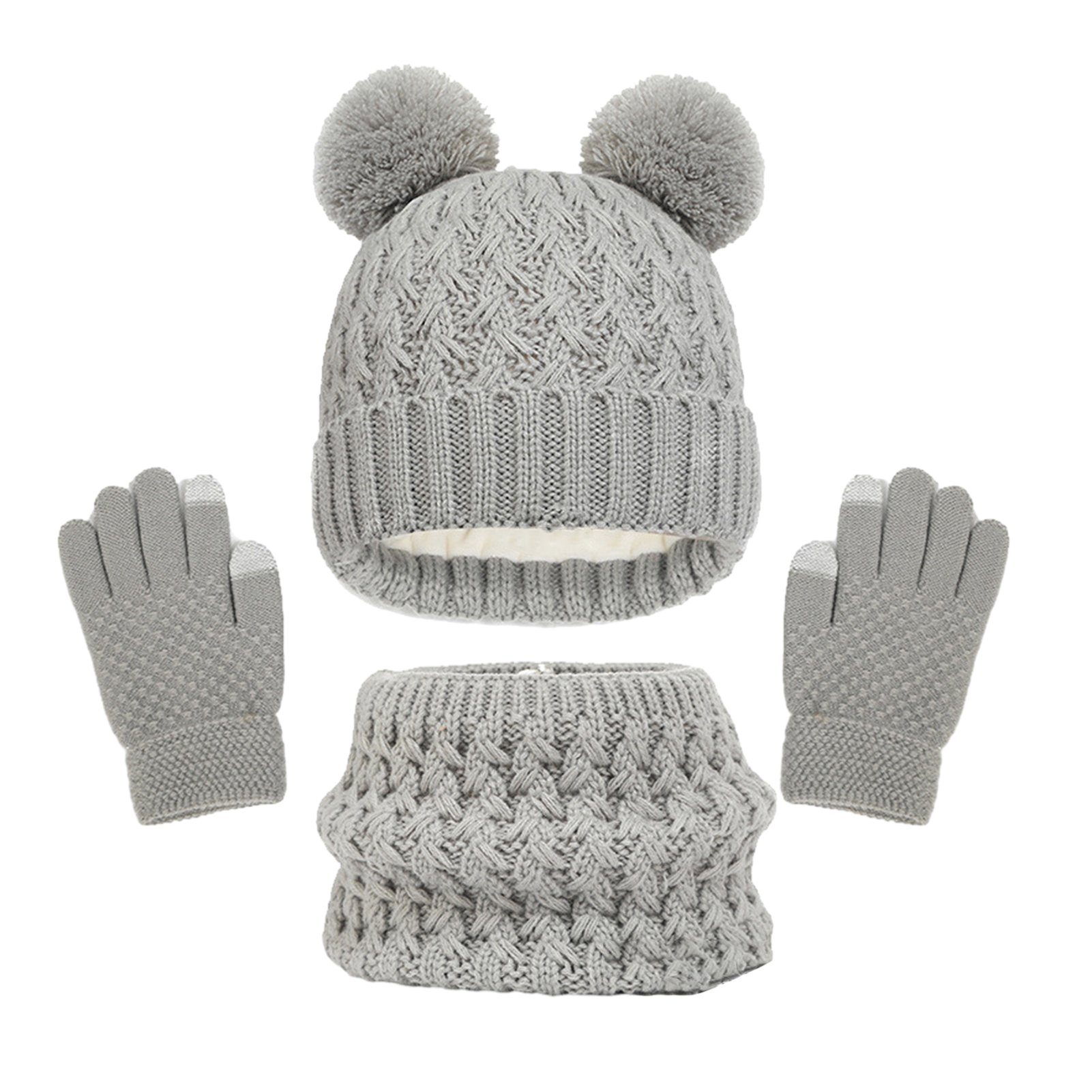 Set 3 1 Schal Kinder In Warm Grau Mütze Wintermütze & Weiches mit Jahre, (Strickmütze Kinder Kinder Kinder Beanie für Rutaqian Mütze Winter Mütze 5-12 Set) Wintermütze Futter Schal Handschuhe