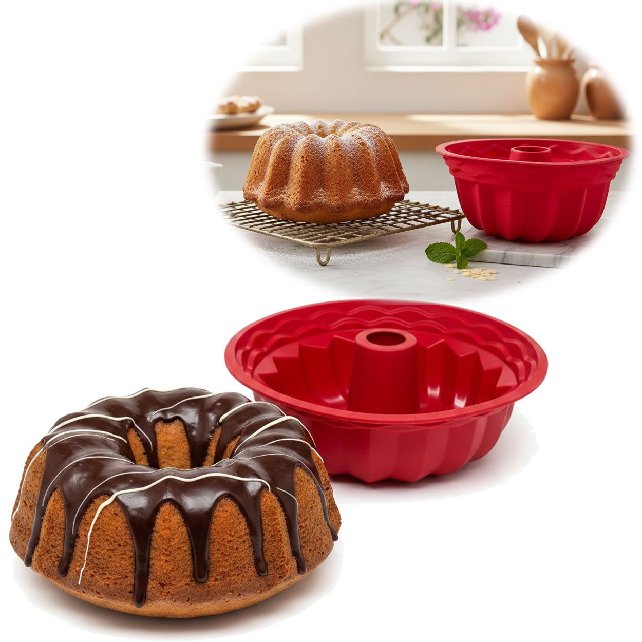 LS-LebenStil Gugelhupfform Silikon Gugelhupf Backform 24cm Rund Napfkuchenform Kuchenform, (Premium Silikon, Bundform Form für Napfkuchen Gugelhupf 1-tlg), Kuchenform für Marmor- & Rührkuchen Silikonformen Antihaft Eigenschaft